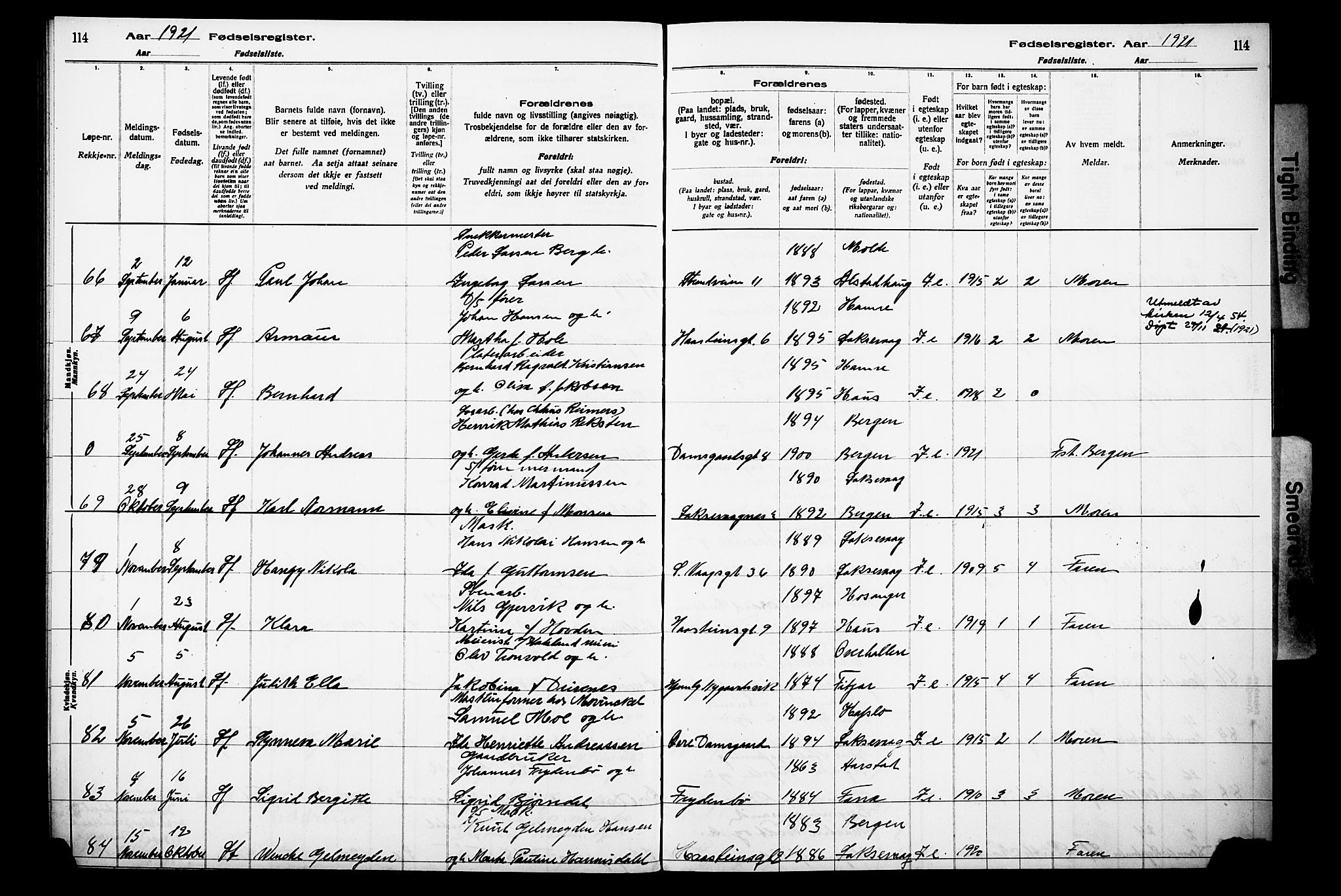 Laksevåg Sokneprestembete, AV/SAB-A-76501/I/Id/L00A1: Birth register no. A 1, 1916-1926, p. 114