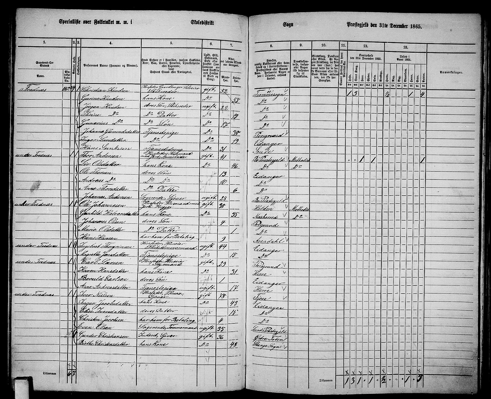 RA, 1865 census for Eidanger, 1865, p. 67
