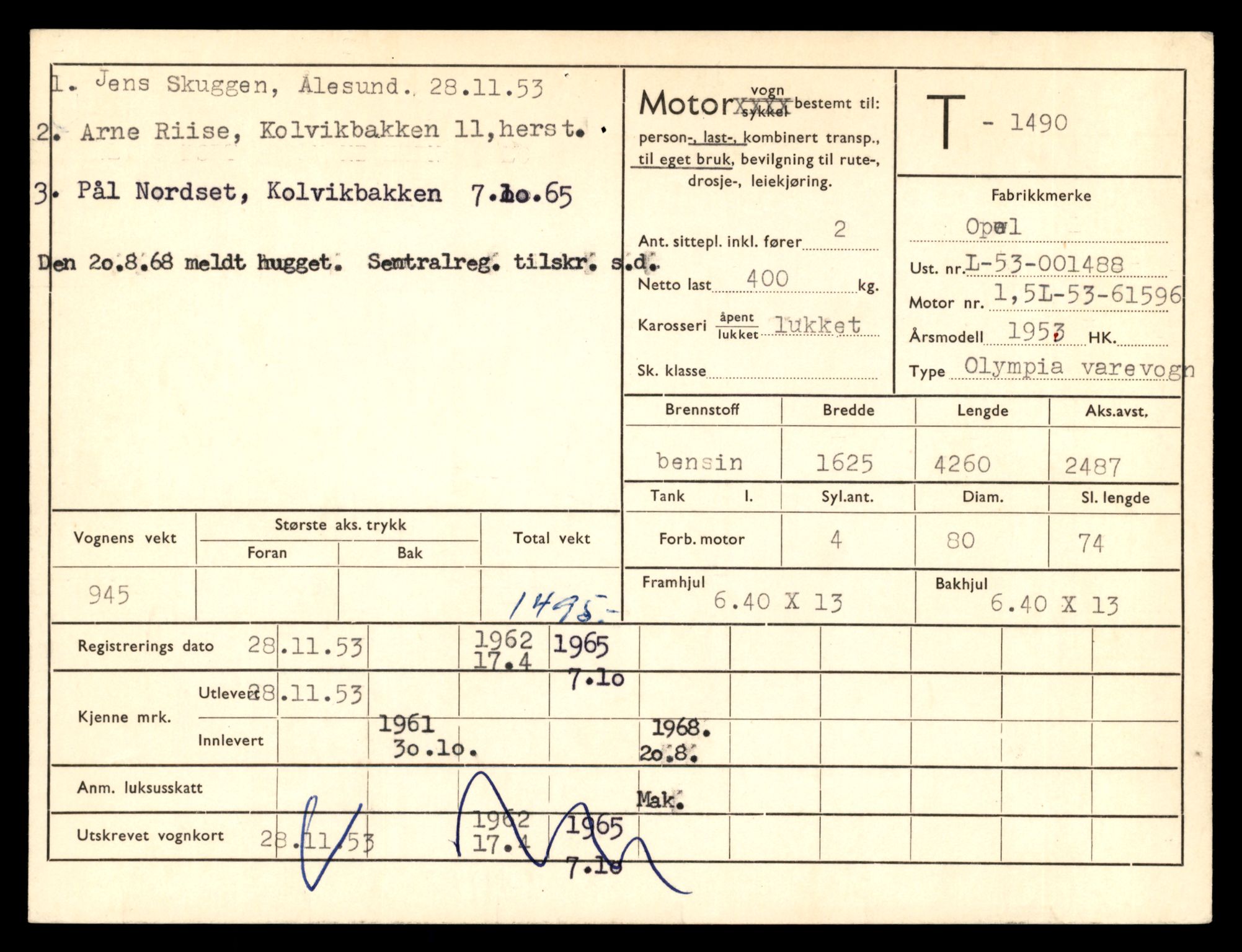 Møre og Romsdal vegkontor - Ålesund trafikkstasjon, SAT/A-4099/F/Fe/L0013: Registreringskort for kjøretøy T 1451 - T 1564, 1927-1998, p. 733