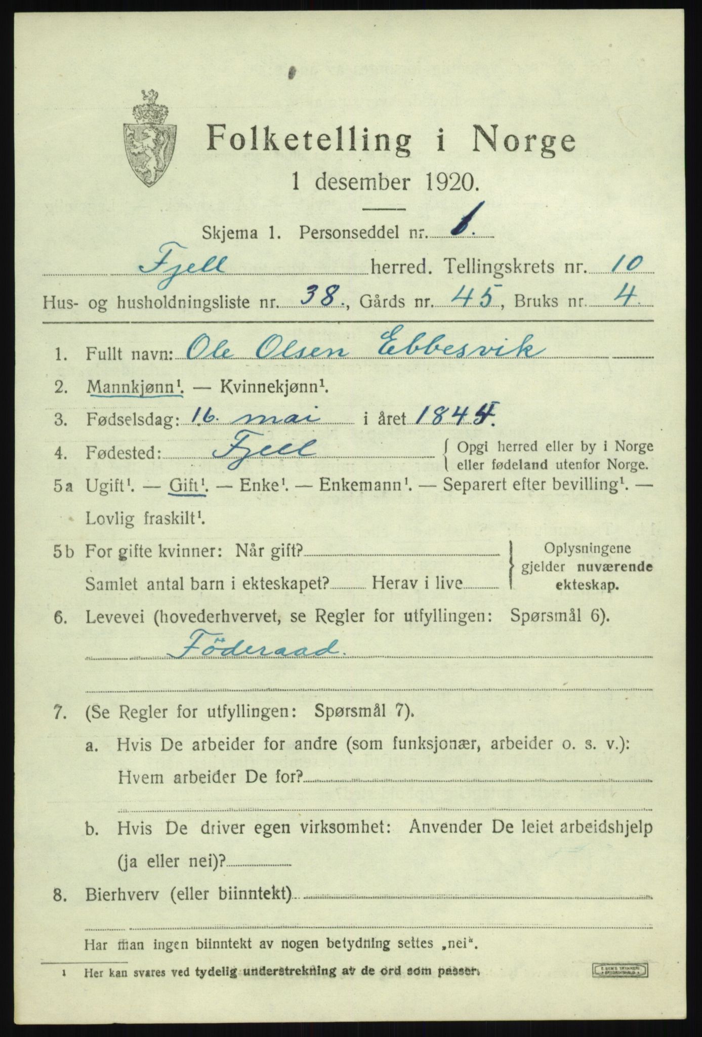 SAB, 1920 census for Fjell, 1920, p. 9588