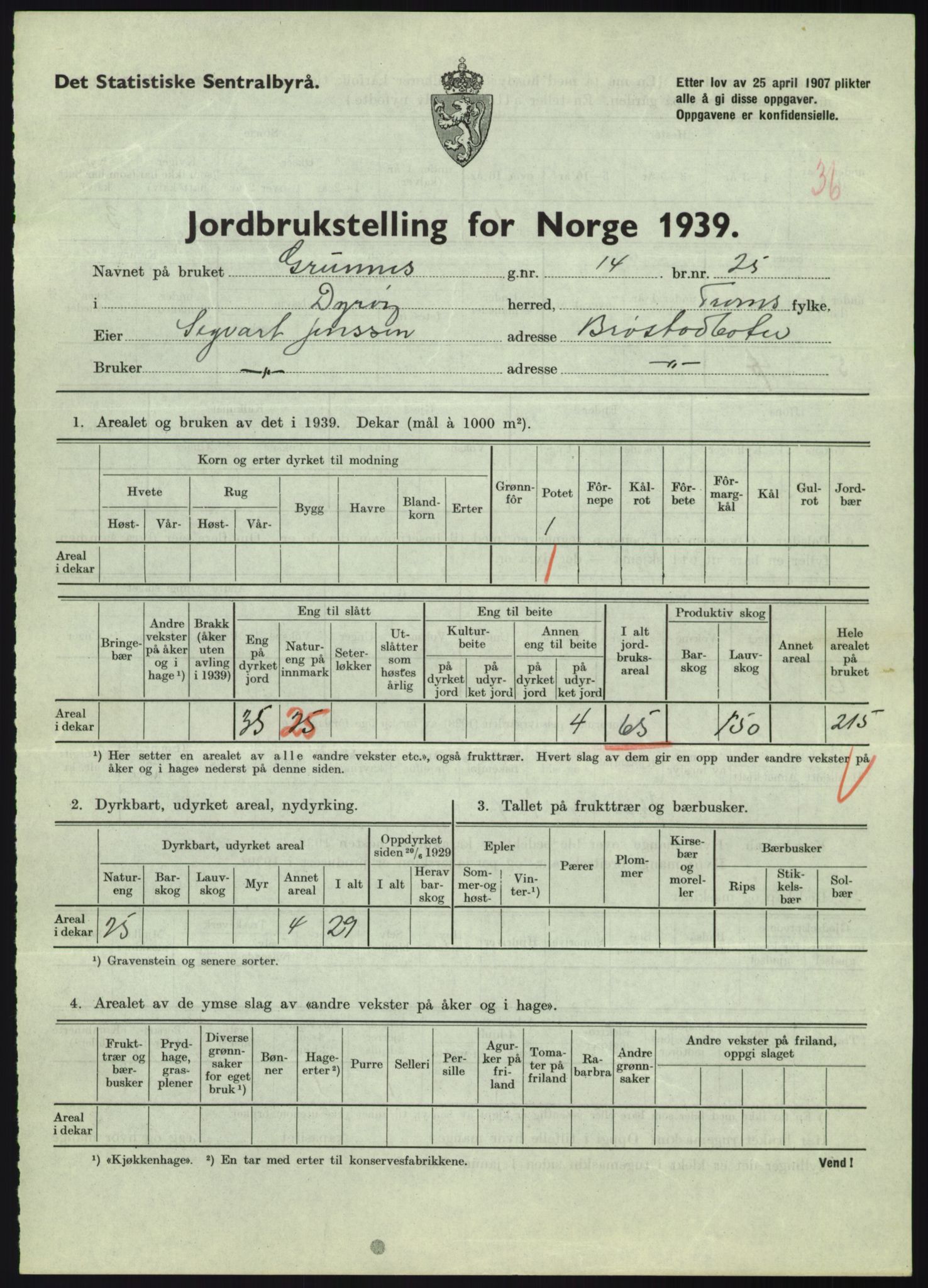Statistisk sentralbyrå, Næringsøkonomiske emner, Jordbruk, skogbruk, jakt, fiske og fangst, AV/RA-S-2234/G/Gb/L0340: Troms: Salangen og Dyrøy, 1939, p. 1454