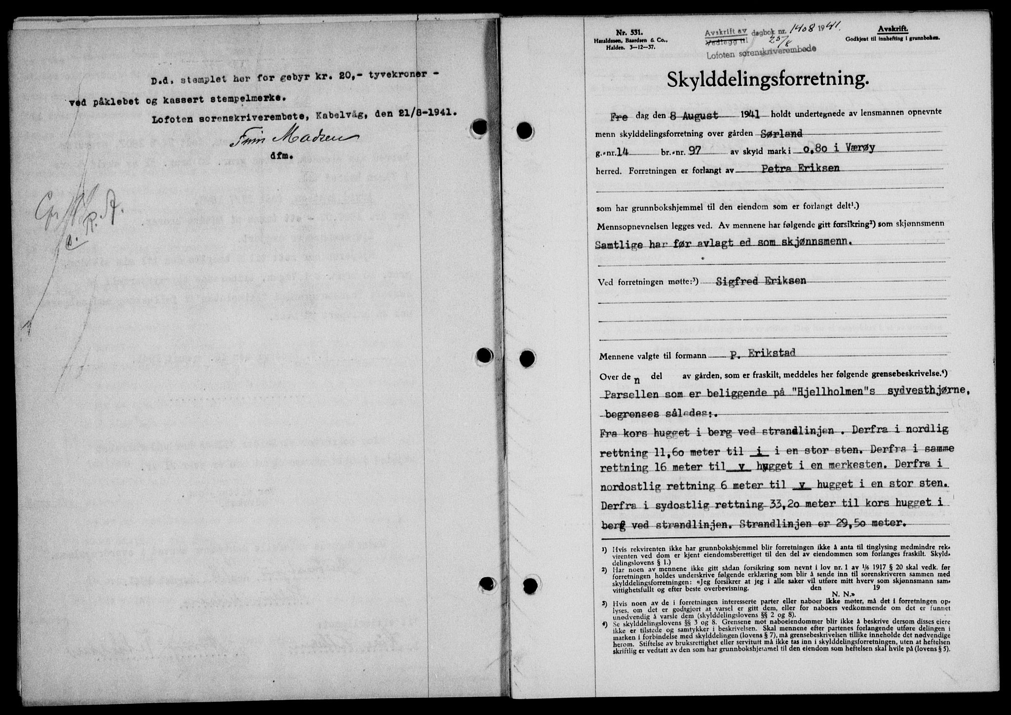 Lofoten sorenskriveri, SAT/A-0017/1/2/2C/L0008a: Mortgage book no. 8a, 1940-1941, Diary no: : 1408/1941