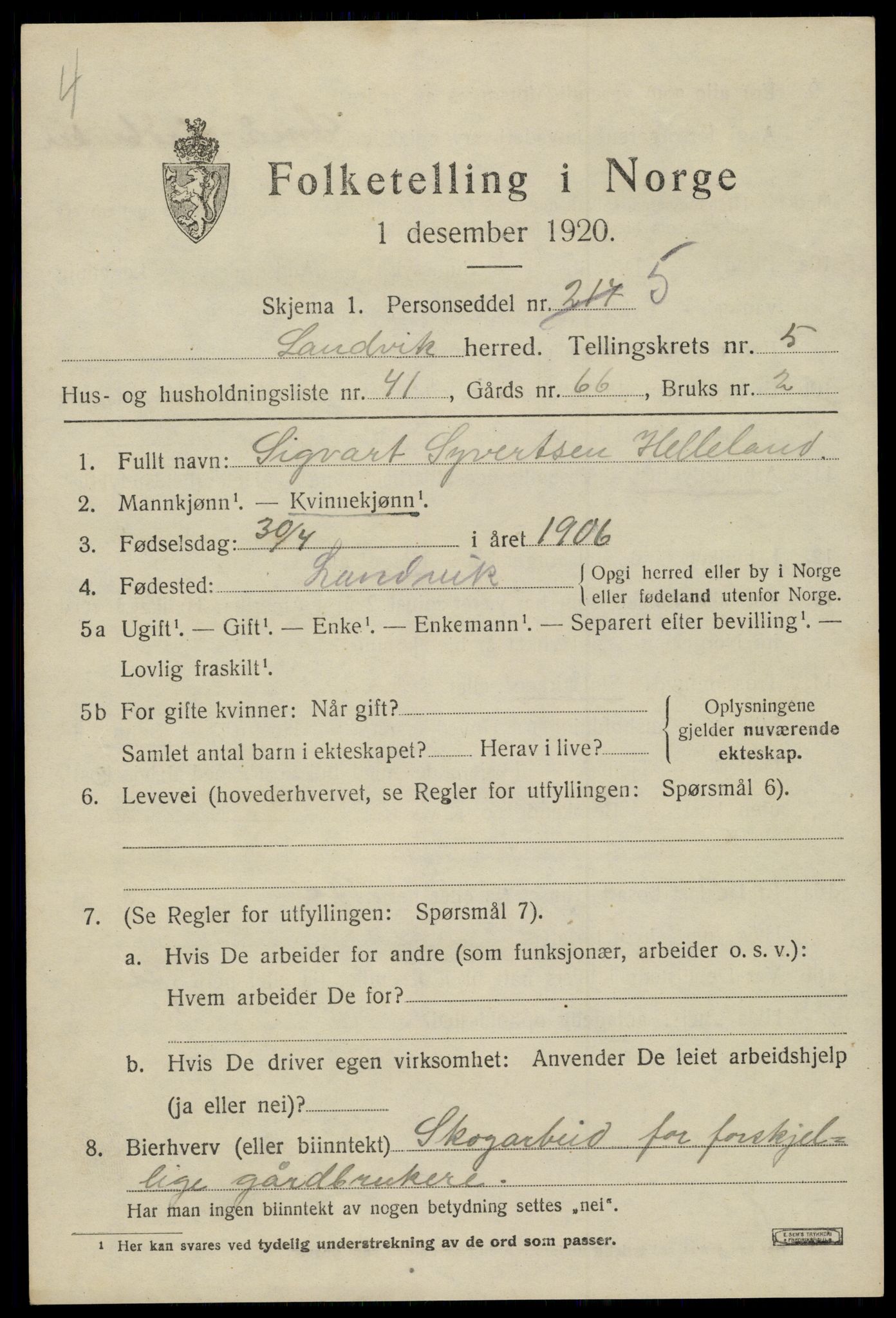 SAK, 1920 census for Landvik, 1920, p. 4442