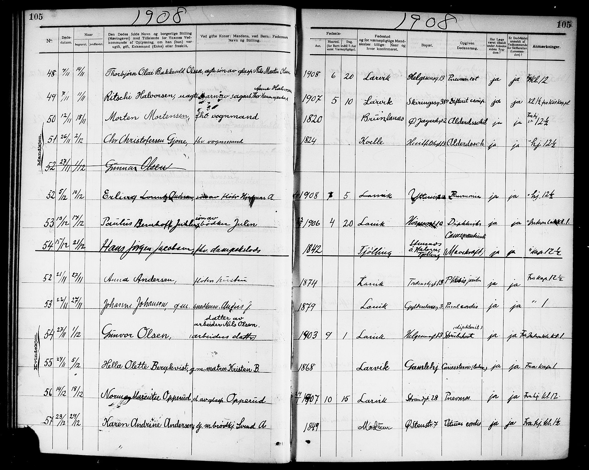 Larvik kirkebøker, SAKO/A-352/G/Ga/L0007: Parish register (copy) no. I 7, 1888-1918, p. 105