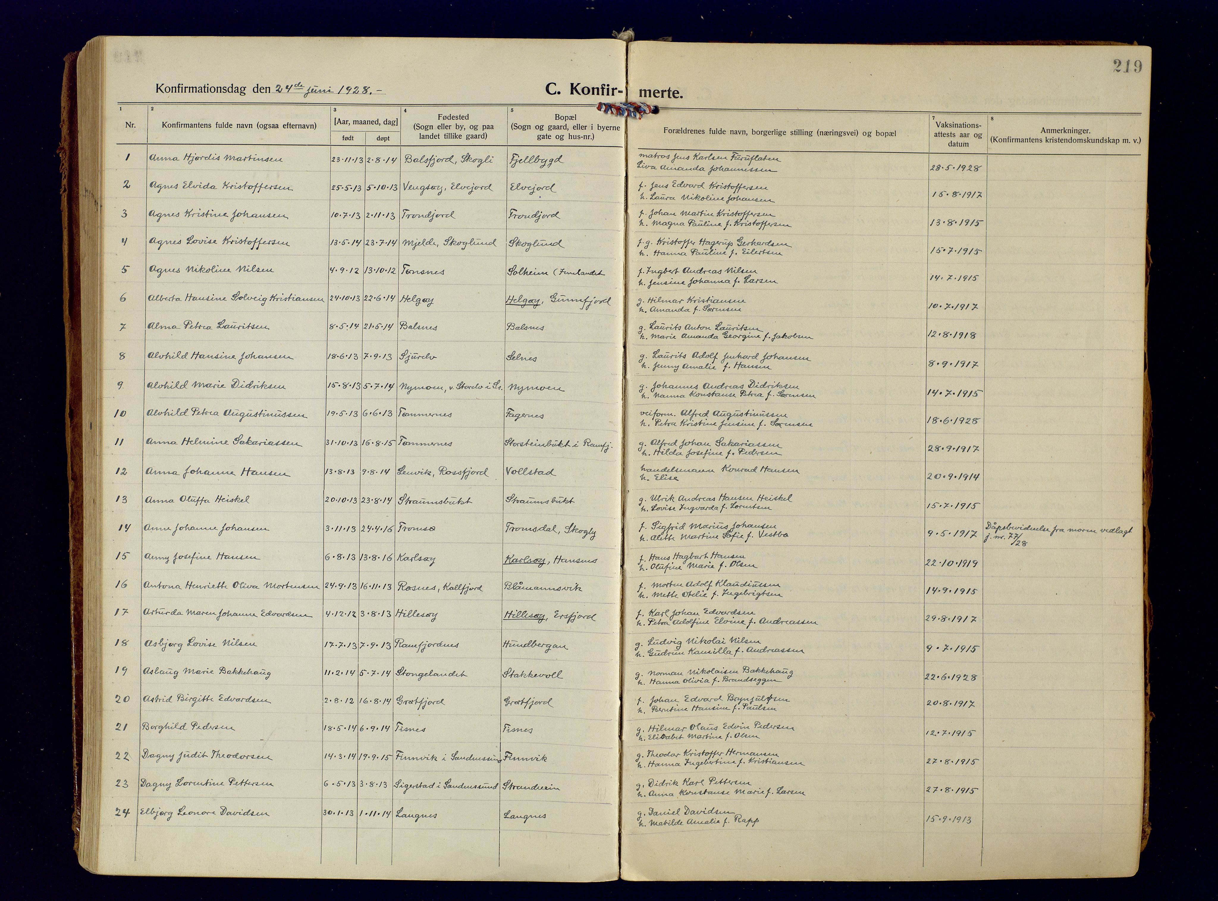 Tromsøysund sokneprestkontor, SATØ/S-1304/G/Ga/L0009kirke: Parish register (official) no. 9, 1922-1934, p. 219