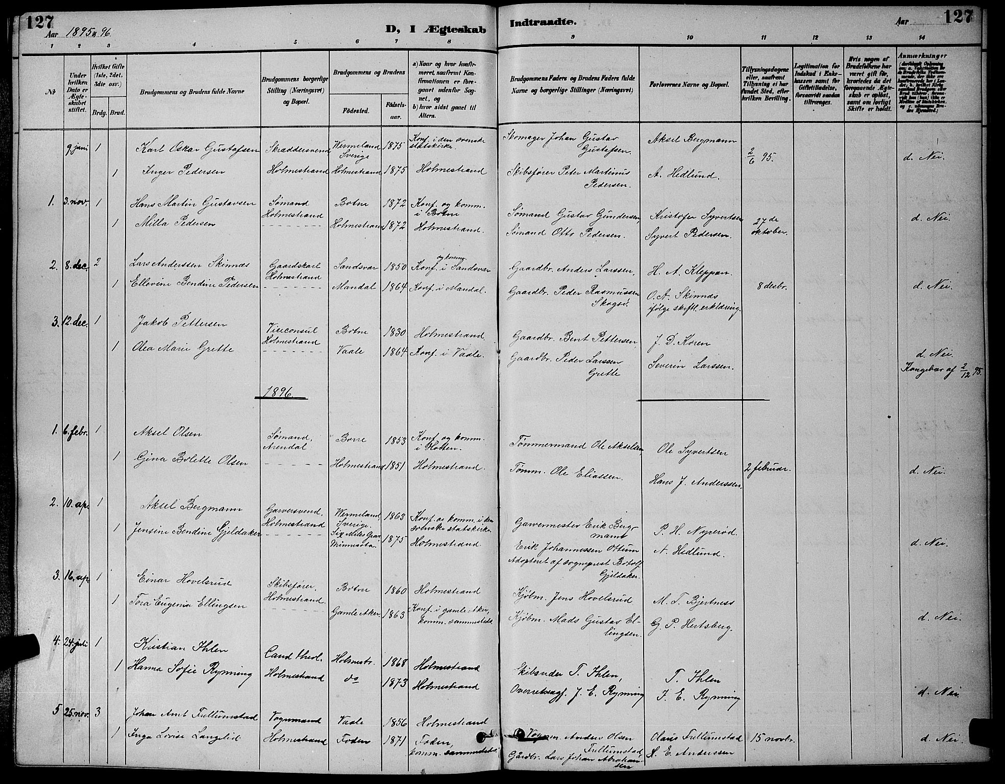 Holmestrand kirkebøker, AV/SAKO-A-346/G/Ga/L0005: Parish register (copy) no. 5, 1889-1901, p. 127