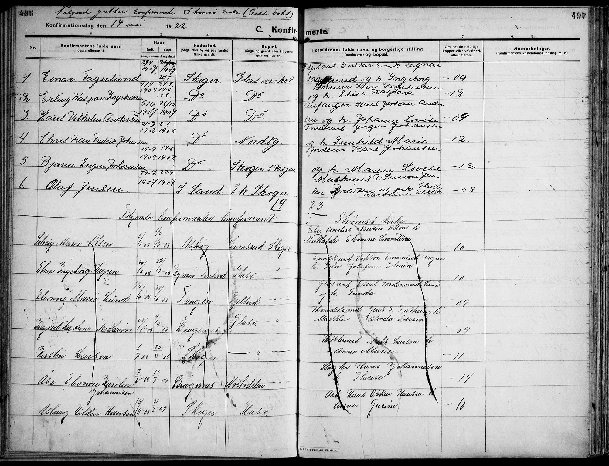 Skoger kirkebøker, AV/SAKO-A-59/F/Fa/L0007: Parish register (official) no. I 7, 1911-1936, p. 496-497