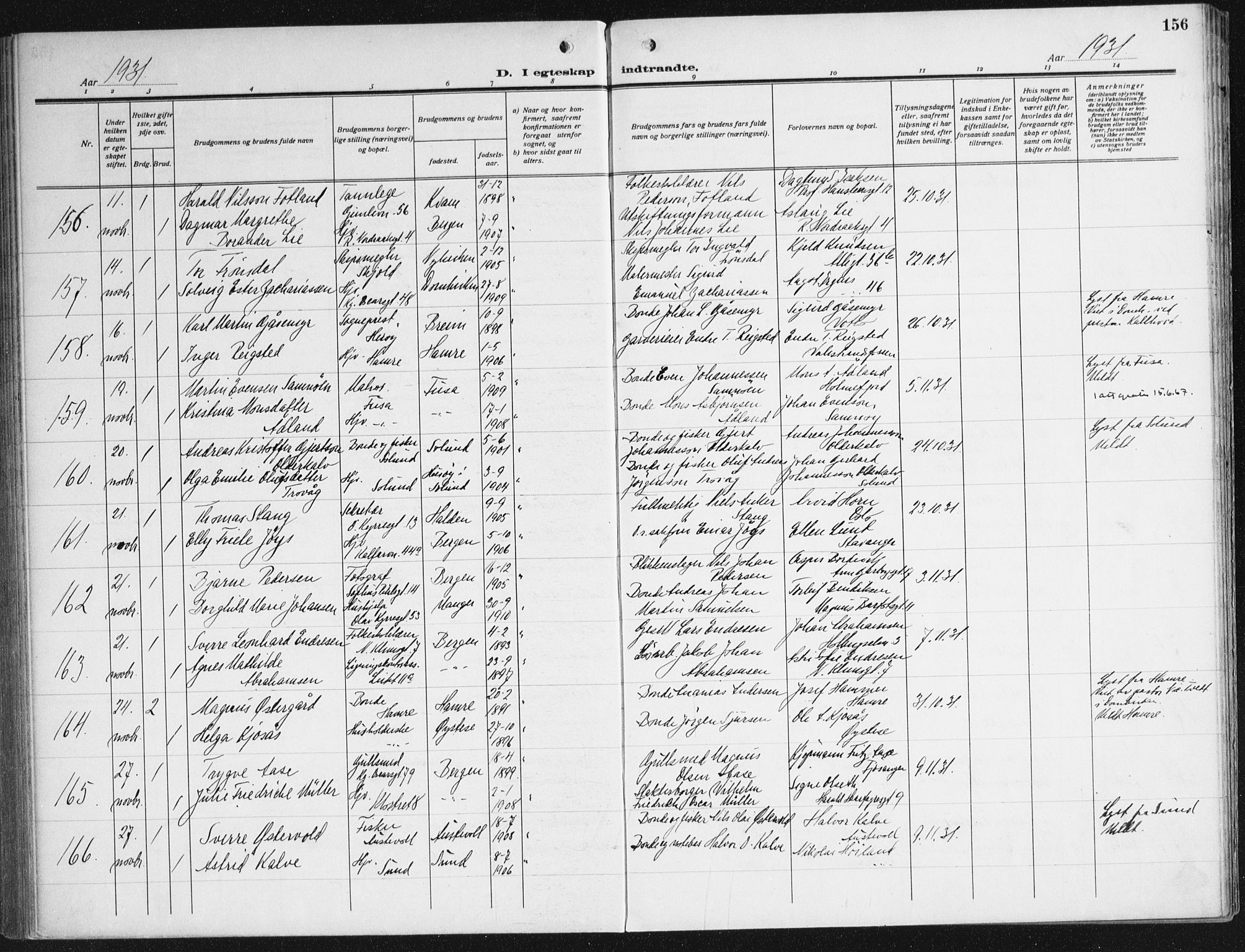 Domkirken sokneprestembete, AV/SAB-A-74801/H/Haa/L0039: Parish register (official) no. D 6, 1921-1937, p. 156