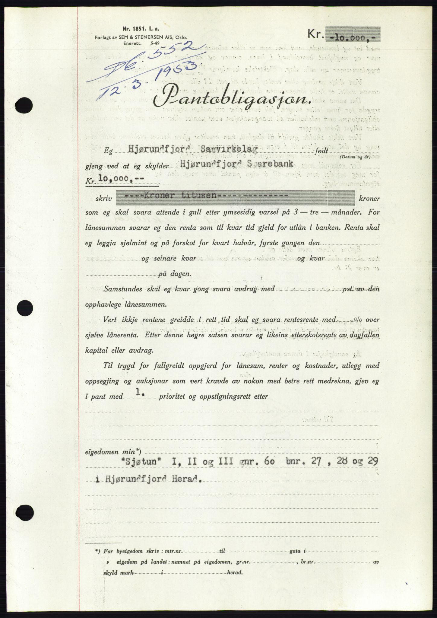 Søre Sunnmøre sorenskriveri, AV/SAT-A-4122/1/2/2C/L0123: Mortgage book no. 11B, 1953-1953, Diary no: : 552/1953