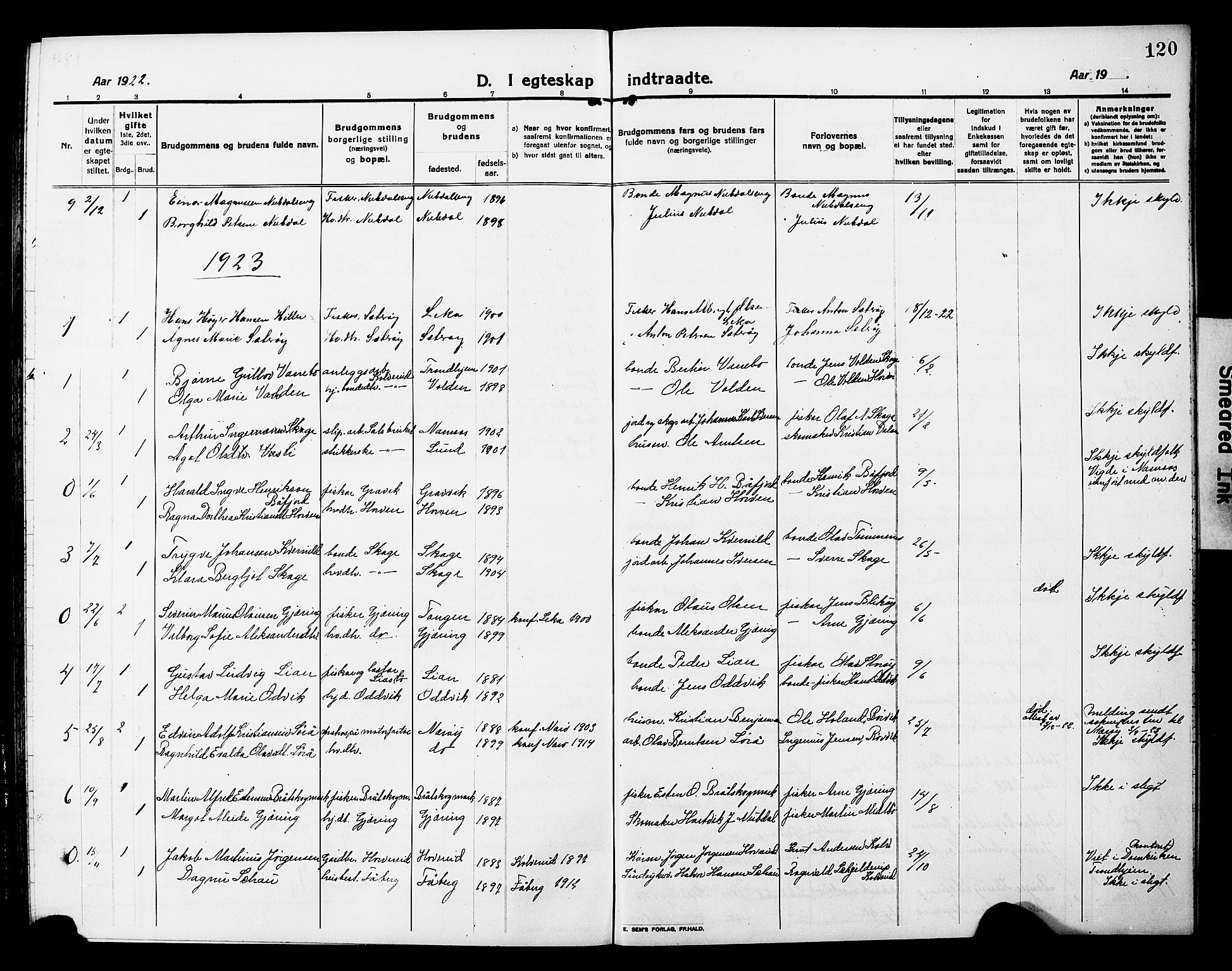Ministerialprotokoller, klokkerbøker og fødselsregistre - Nord-Trøndelag, SAT/A-1458/780/L0653: Parish register (copy) no. 780C05, 1911-1927, p. 120