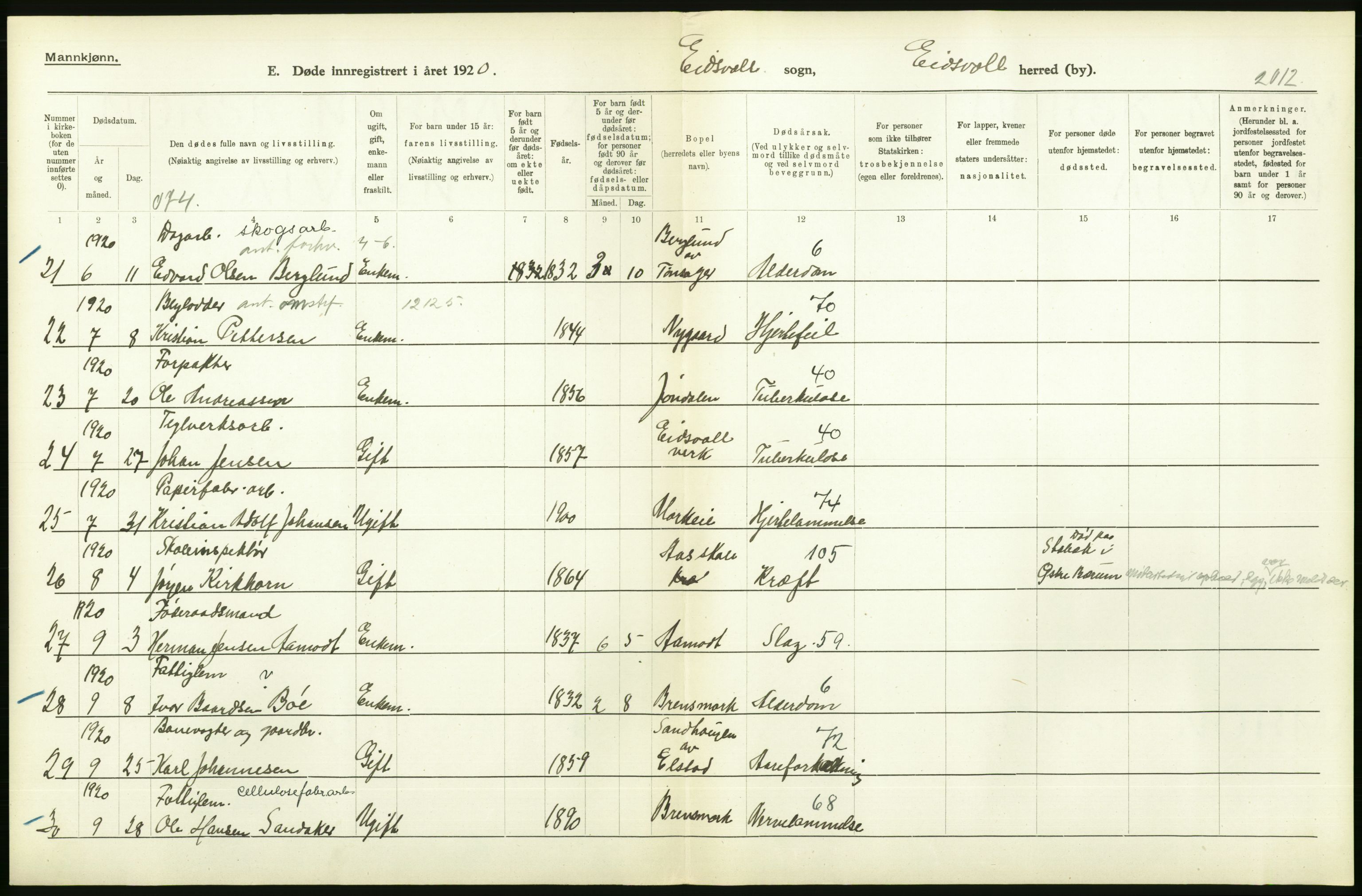 Statistisk sentralbyrå, Sosiodemografiske emner, Befolkning, AV/RA-S-2228/D/Df/Dfb/Dfbj/L0007: Akershus fylke: Døde. Bygder og byer., 1920, p. 220