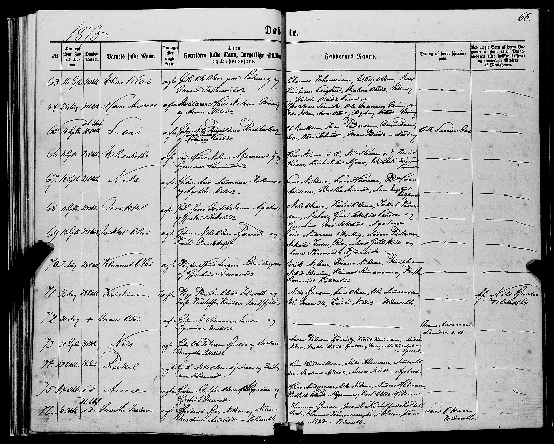 Fjell sokneprestembete, SAB/A-75301/H/Haa: Parish register (official) no. A 3, 1864-1877, p. 66