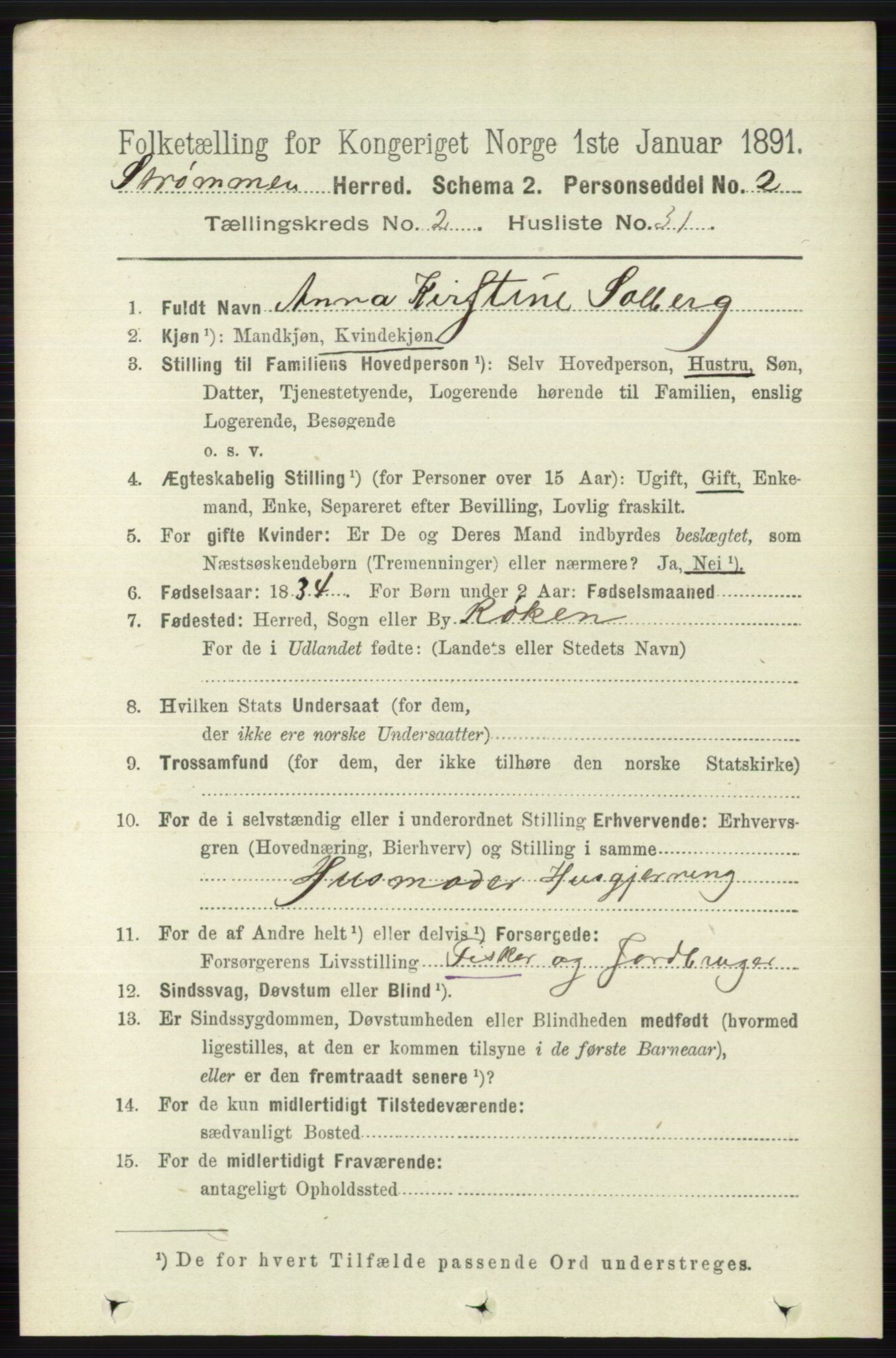 RA, 1891 census for 0711 Strømm, 1891, p. 873