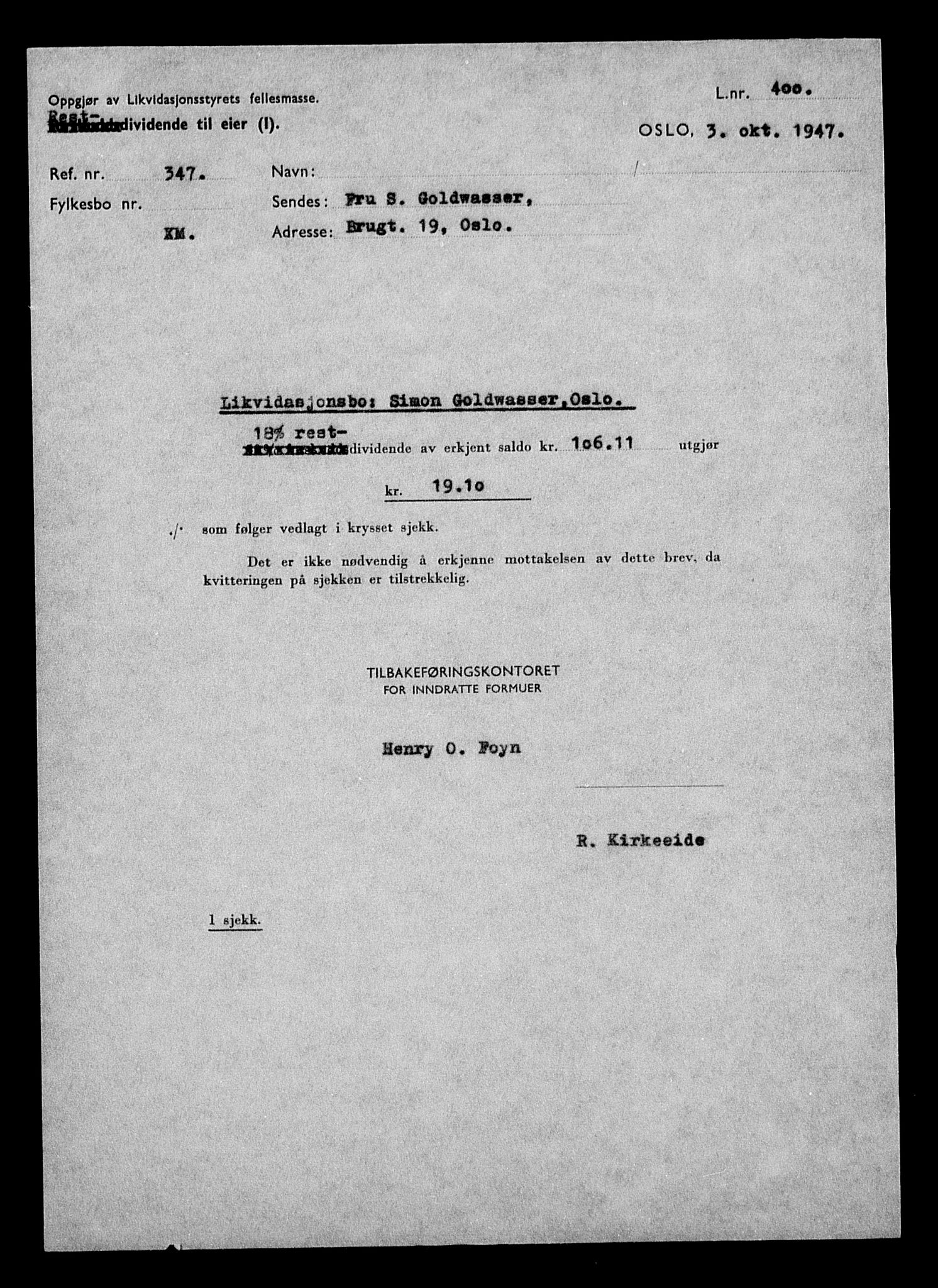 Justisdepartementet, Tilbakeføringskontoret for inndratte formuer, AV/RA-S-1564/H/Hc/Hcc/L0940: --, 1945-1947, p. 3