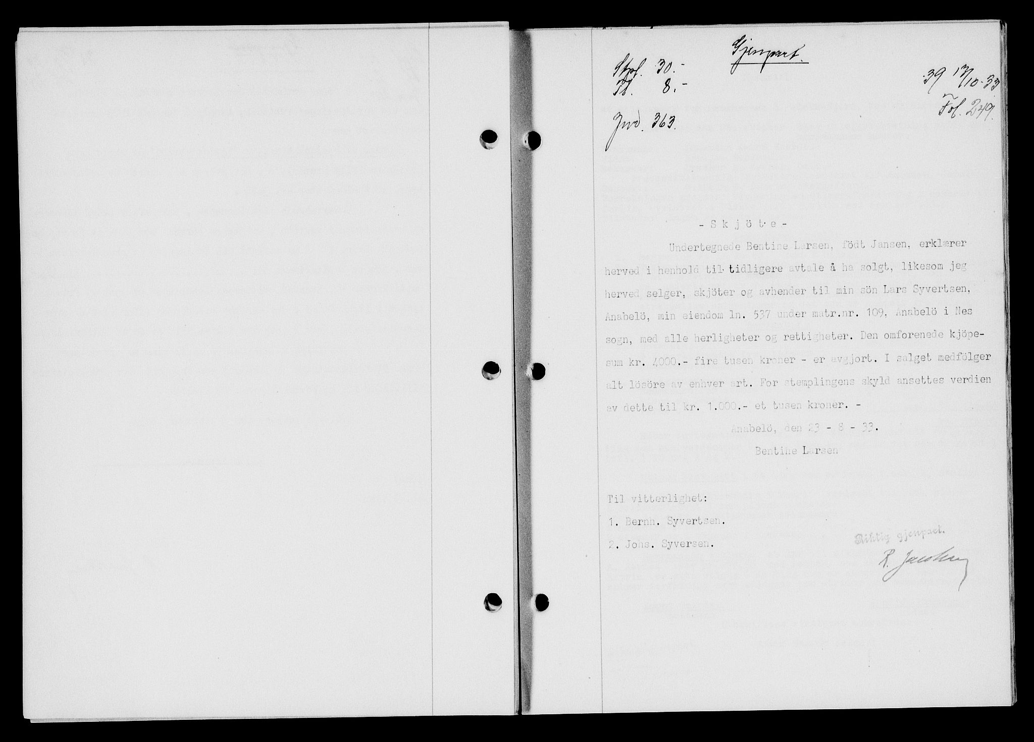 Flekkefjord sorenskriveri, SAK/1221-0001/G/Gb/Gba/L0049: Mortgage book no. 46, 1933-1934, Deed date: 17.10.1933