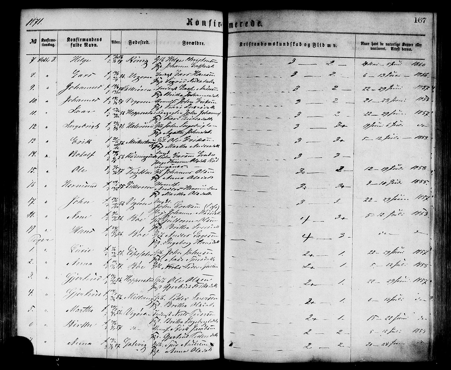 Vik sokneprestembete, AV/SAB-A-81501/H/Haa/Haaa/L0009: Parish register (official) no. A 9, 1866-1877, p. 167