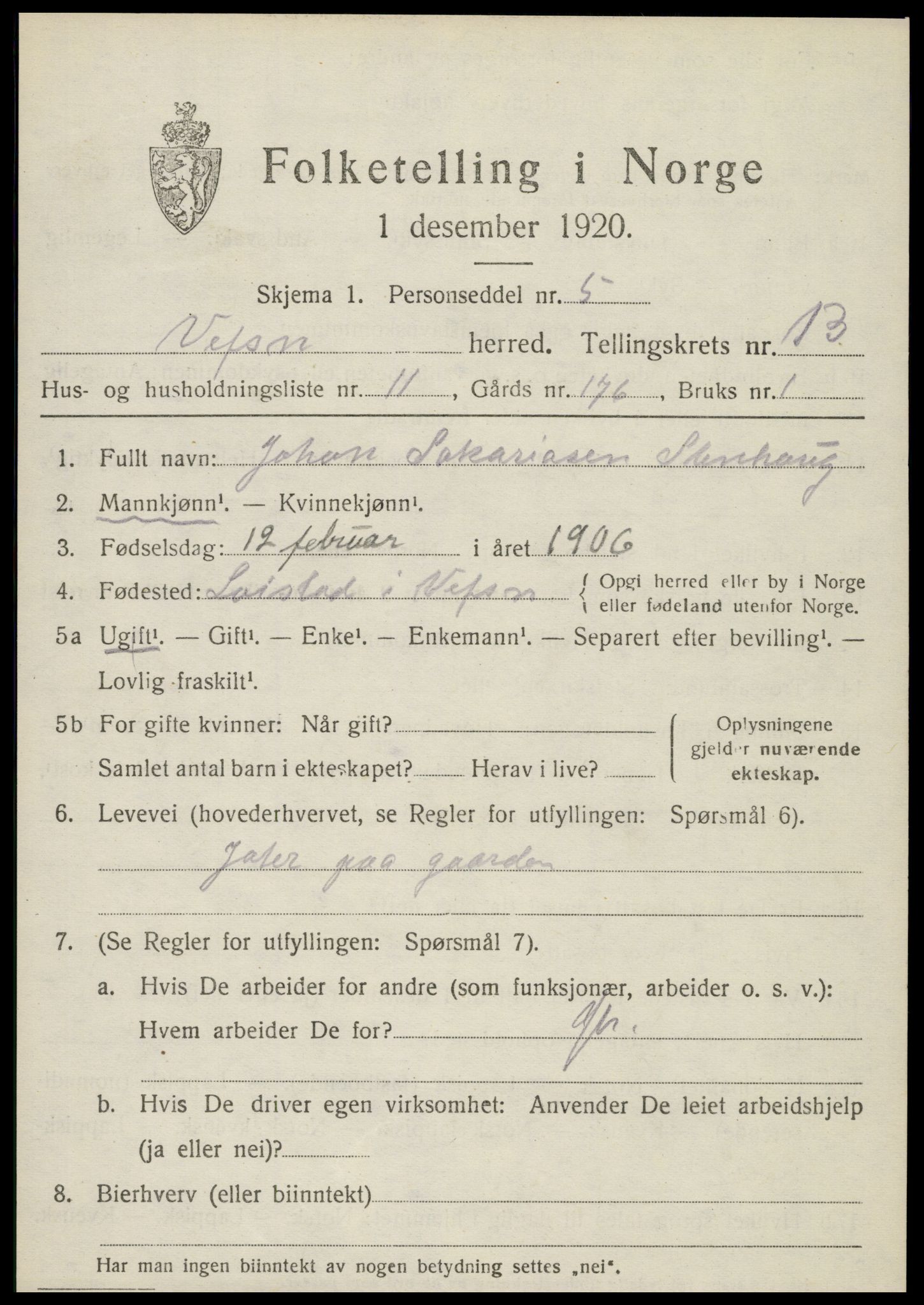 SAT, 1920 census for Vefsn, 1920, p. 10329