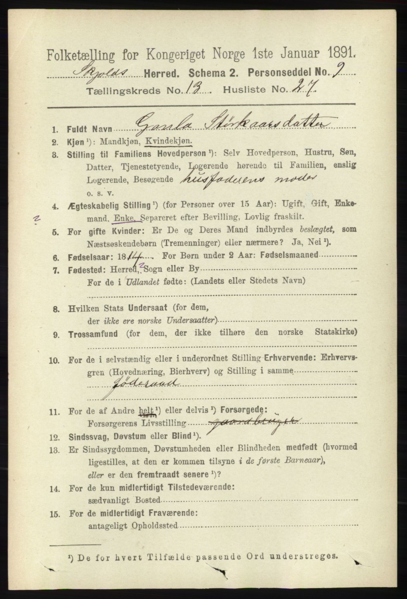 RA, 1891 census for 1154 Skjold, 1891, p. 2525