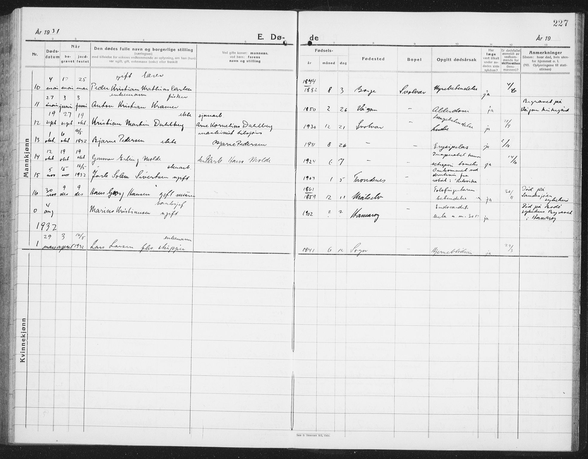 Ministerialprotokoller, klokkerbøker og fødselsregistre - Nordland, AV/SAT-A-1459/877/L1117: Parish register (copy) no. 877C01, 1923-1942, p. 227