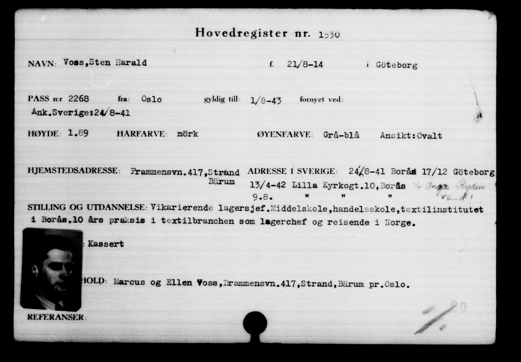 Utenriksstasjonene, Legasjonen i Stockholm, Flyktningkontoret, AV/RA-S-6753/V/Va/L0002: Kjesäterkartoteket, flyktninger med registreringsnr. 1001-2000, 1940-1945, p. 751
