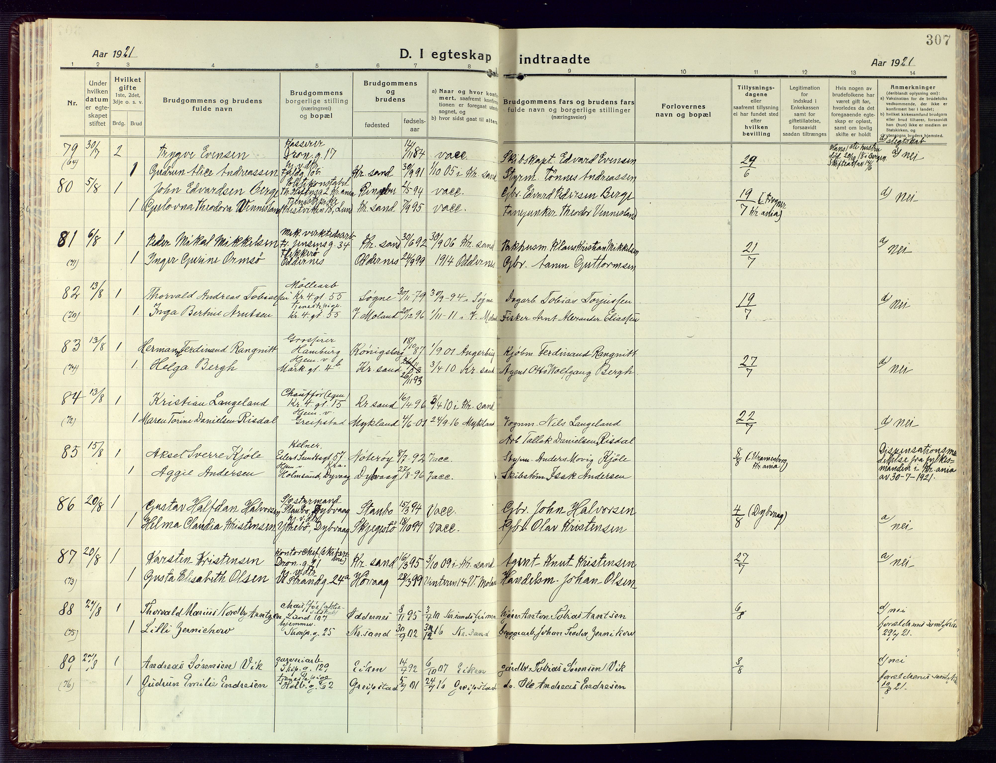 Kristiansand domprosti, AV/SAK-1112-0006/F/Fa/L0028: Parish register (official) no. A 27, 1917-1926, p. 307