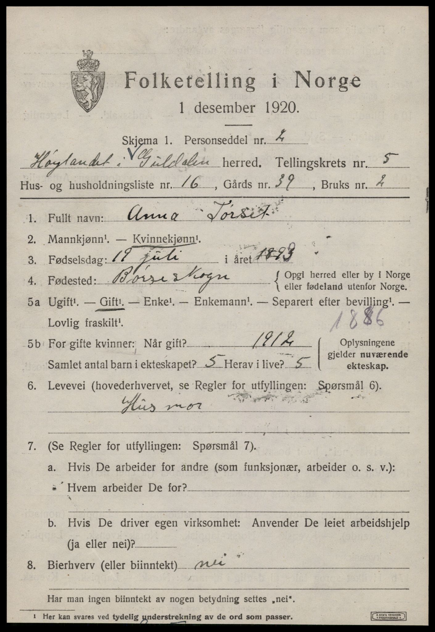 SAT, 1920 census for Hølonda, 1920, p. 2347