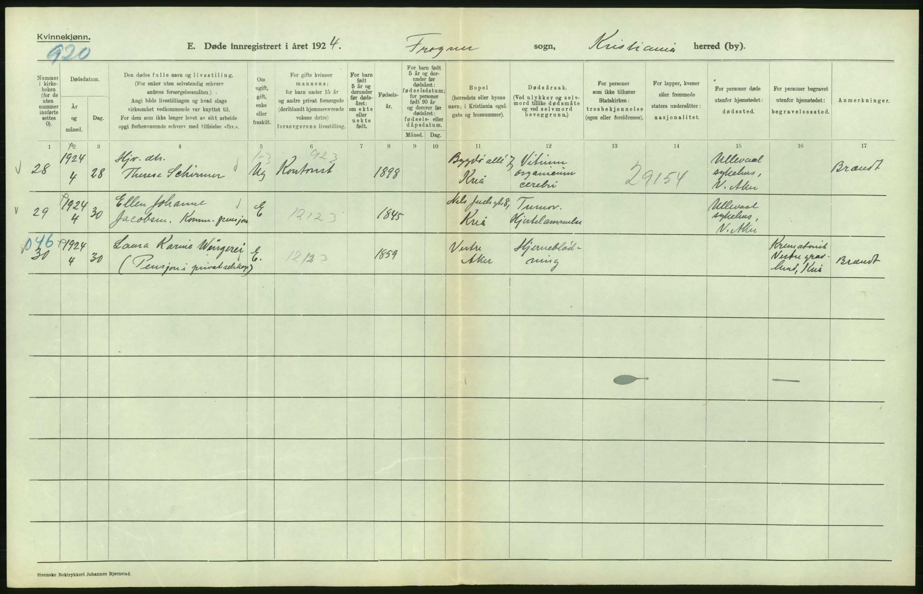 Statistisk sentralbyrå, Sosiodemografiske emner, Befolkning, AV/RA-S-2228/D/Df/Dfc/Dfcd/L0009: Kristiania: Døde kvinner, dødfødte, 1924, p. 136