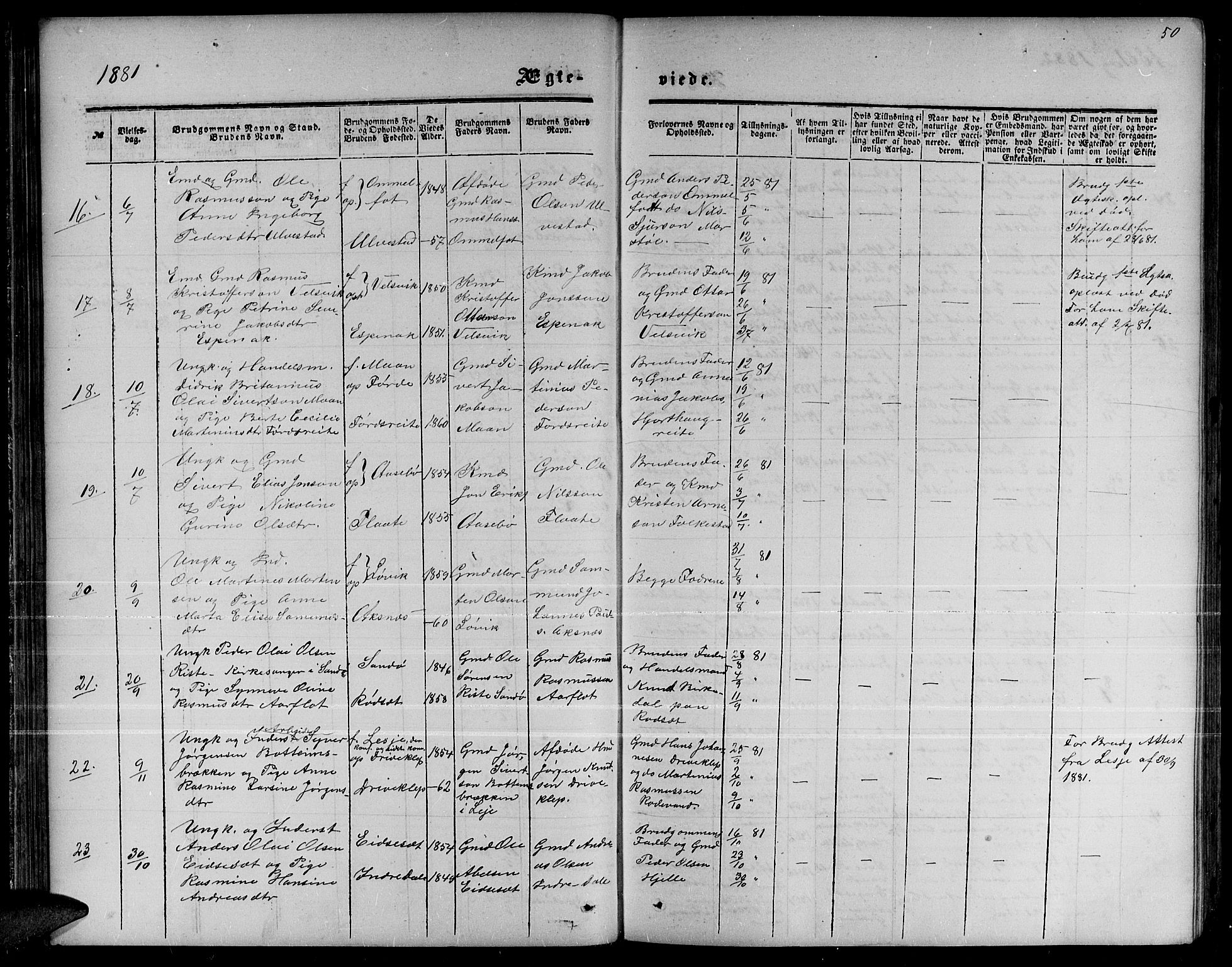 Ministerialprotokoller, klokkerbøker og fødselsregistre - Møre og Romsdal, AV/SAT-A-1454/511/L0157: Parish register (copy) no. 511C03, 1864-1884, p. 50