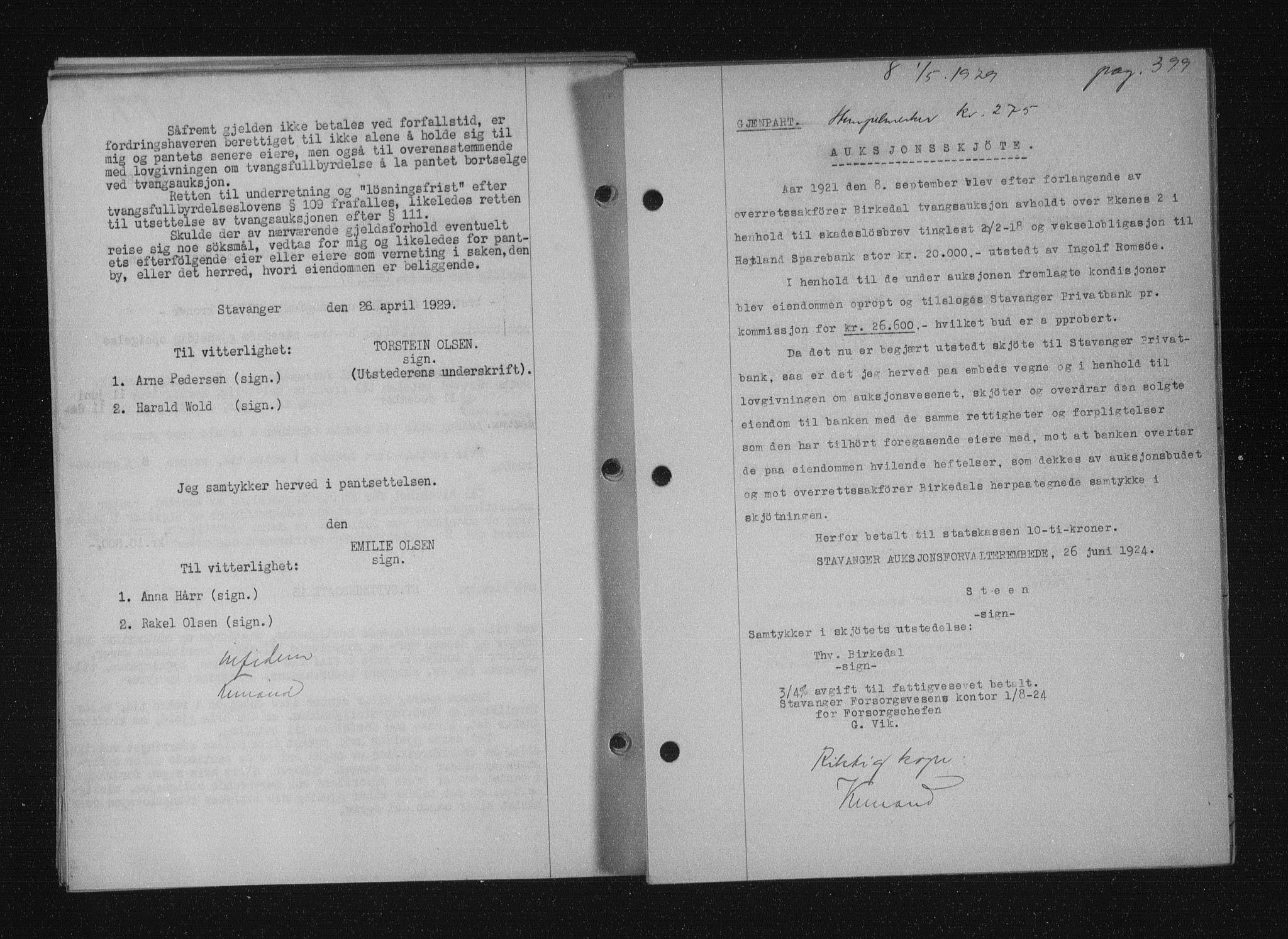 Stavanger byfogd, SAST/A-101408/001/4/41/410/410BB/L0055: Mortgage book no. 43, 1928-1929, Deed date: 01.05.1929