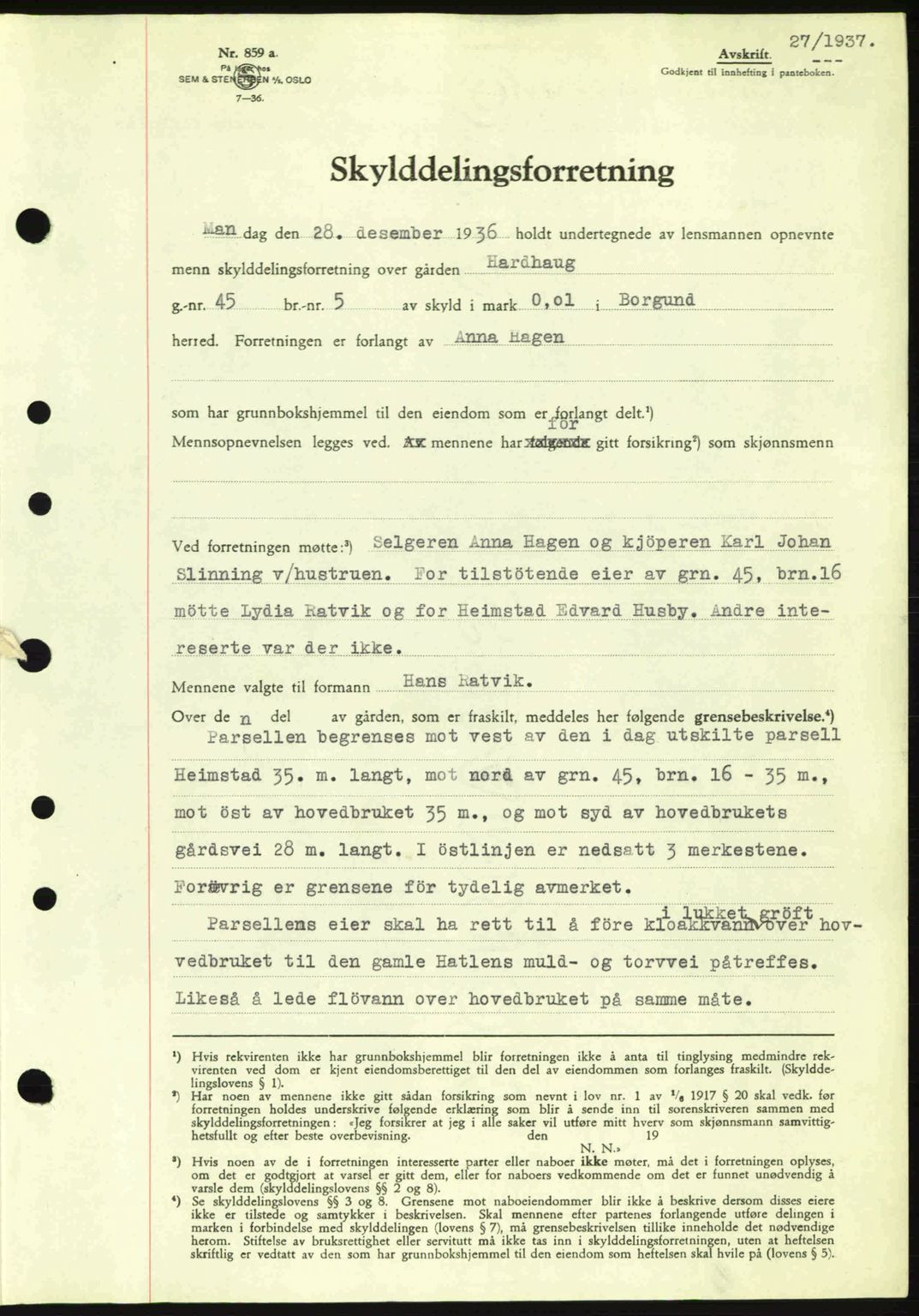 Nordre Sunnmøre sorenskriveri, AV/SAT-A-0006/1/2/2C/2Ca: Mortgage book no. A2, 1936-1937, Diary no: : 27/1937