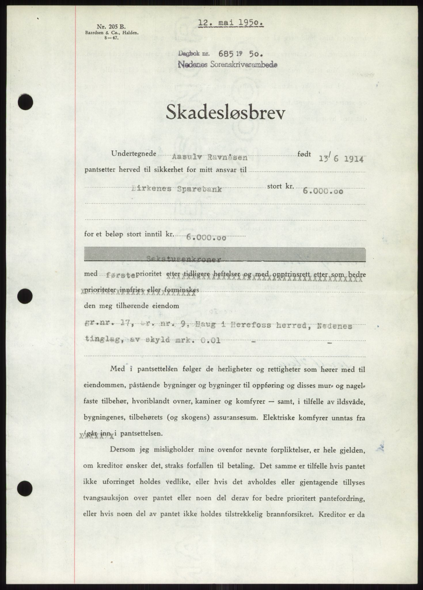 Nedenes sorenskriveri, AV/SAK-1221-0006/G/Gb/Gbb/L0007: Mortgage book no. B7, 1949-1950, Diary no: : 685/1950