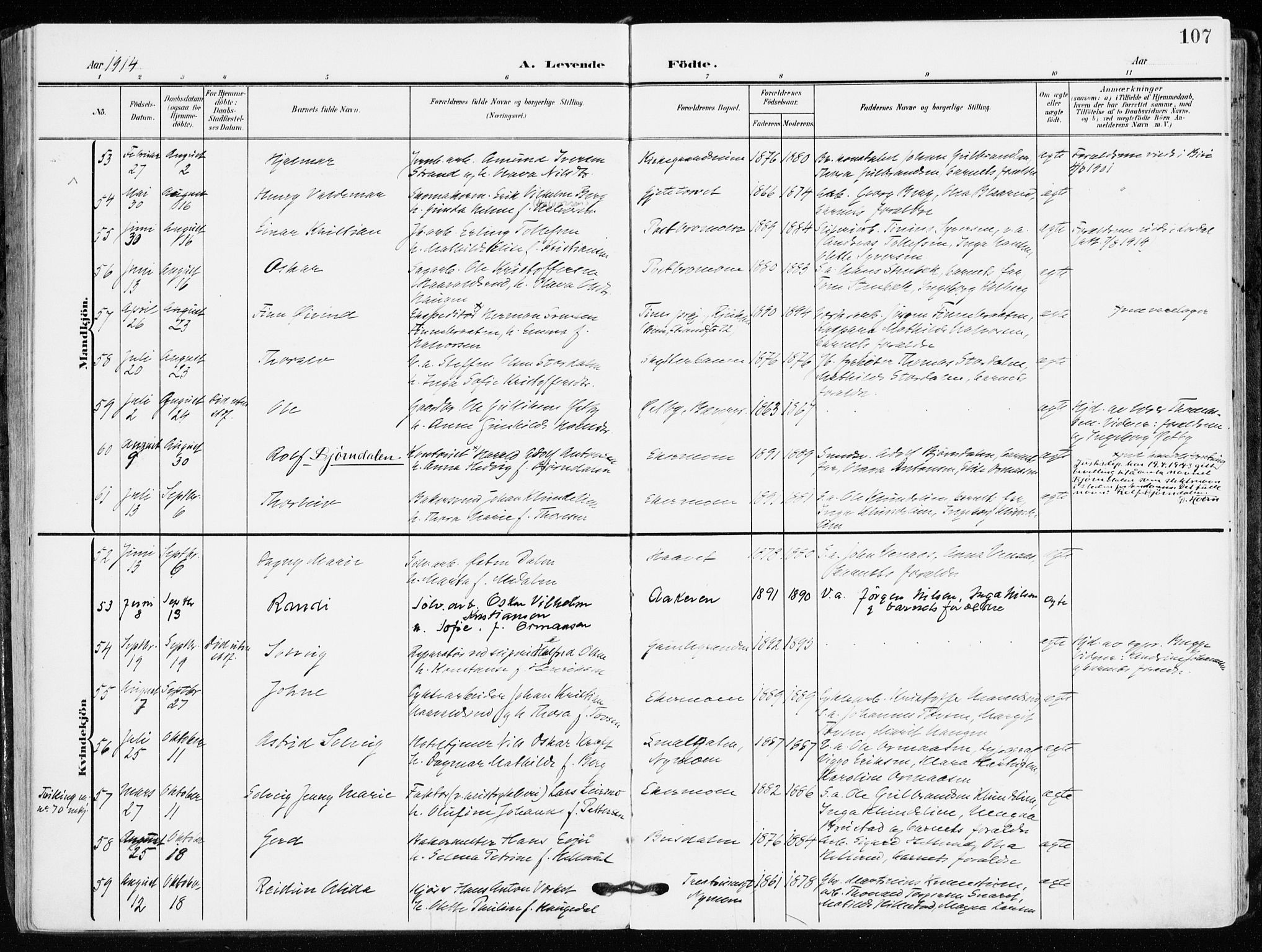 Kongsberg kirkebøker, AV/SAKO-A-22/F/Fb/L0004: Parish register (official) no. II 4, 1906-1918, p. 107