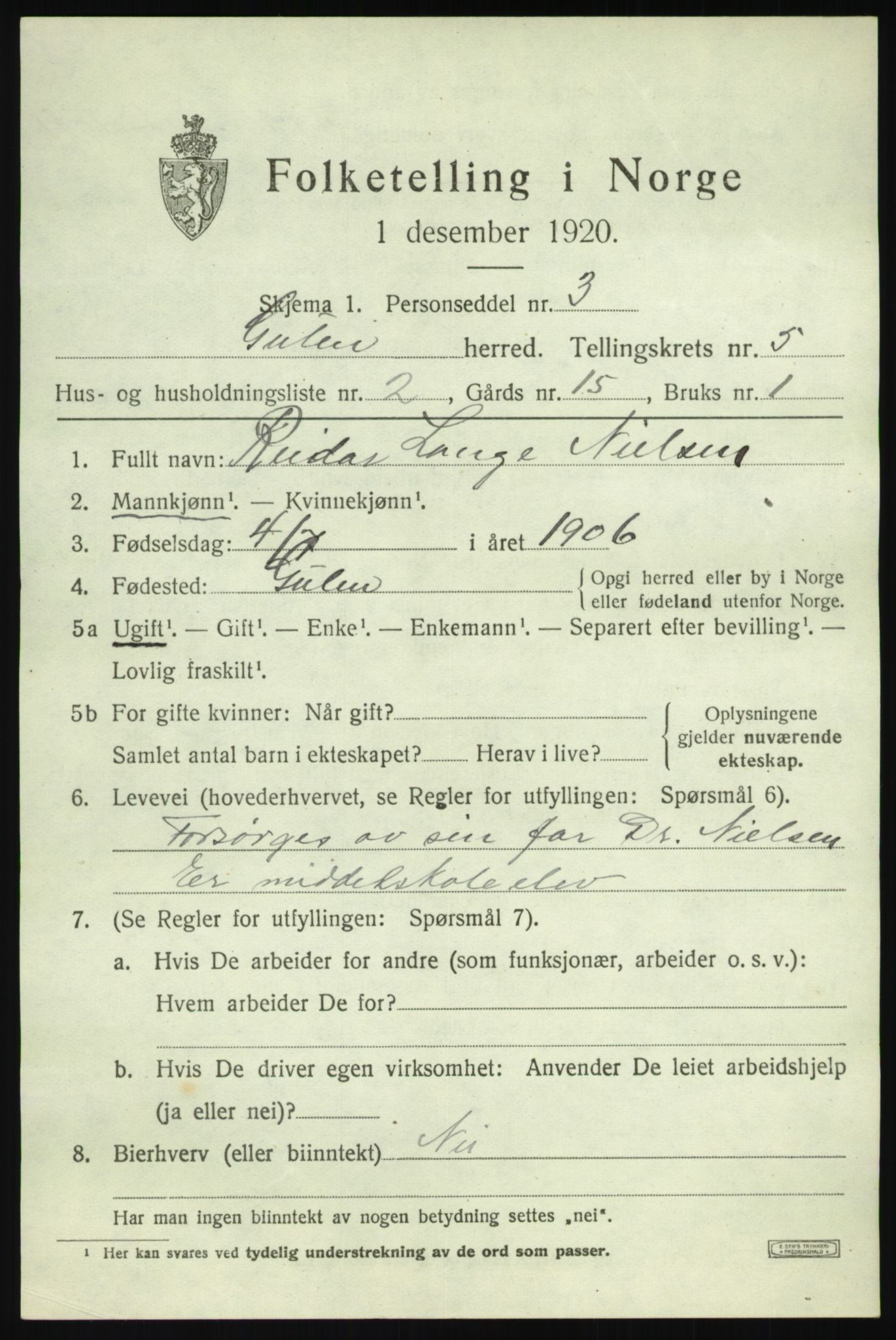 SAB, 1920 census for Gulen, 1920, p. 2107