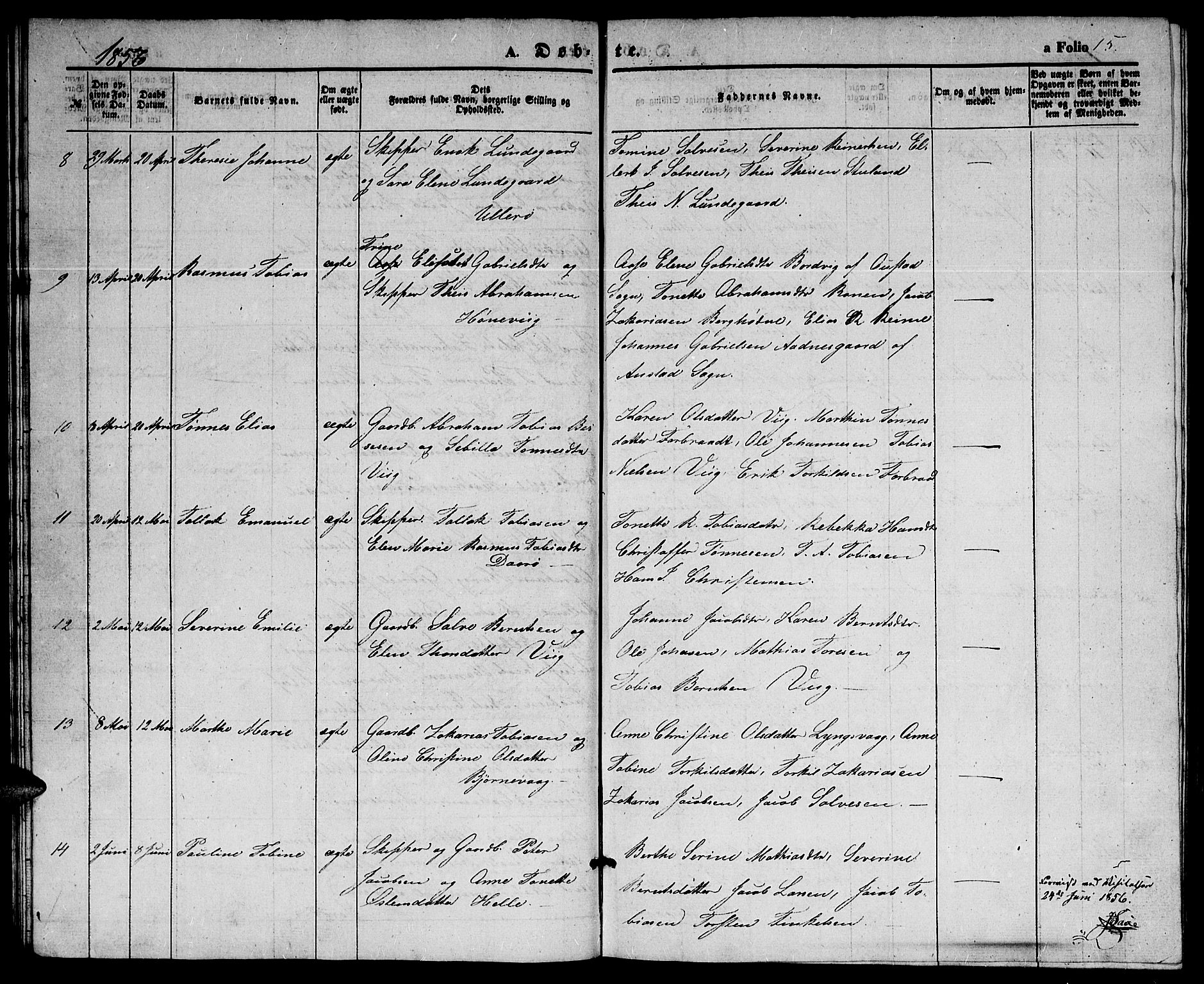 Herad sokneprestkontor, SAK/1111-0018/F/Fb/Fbb/L0002: Parish register (copy) no. B 2, 1853-1871, p. 15
