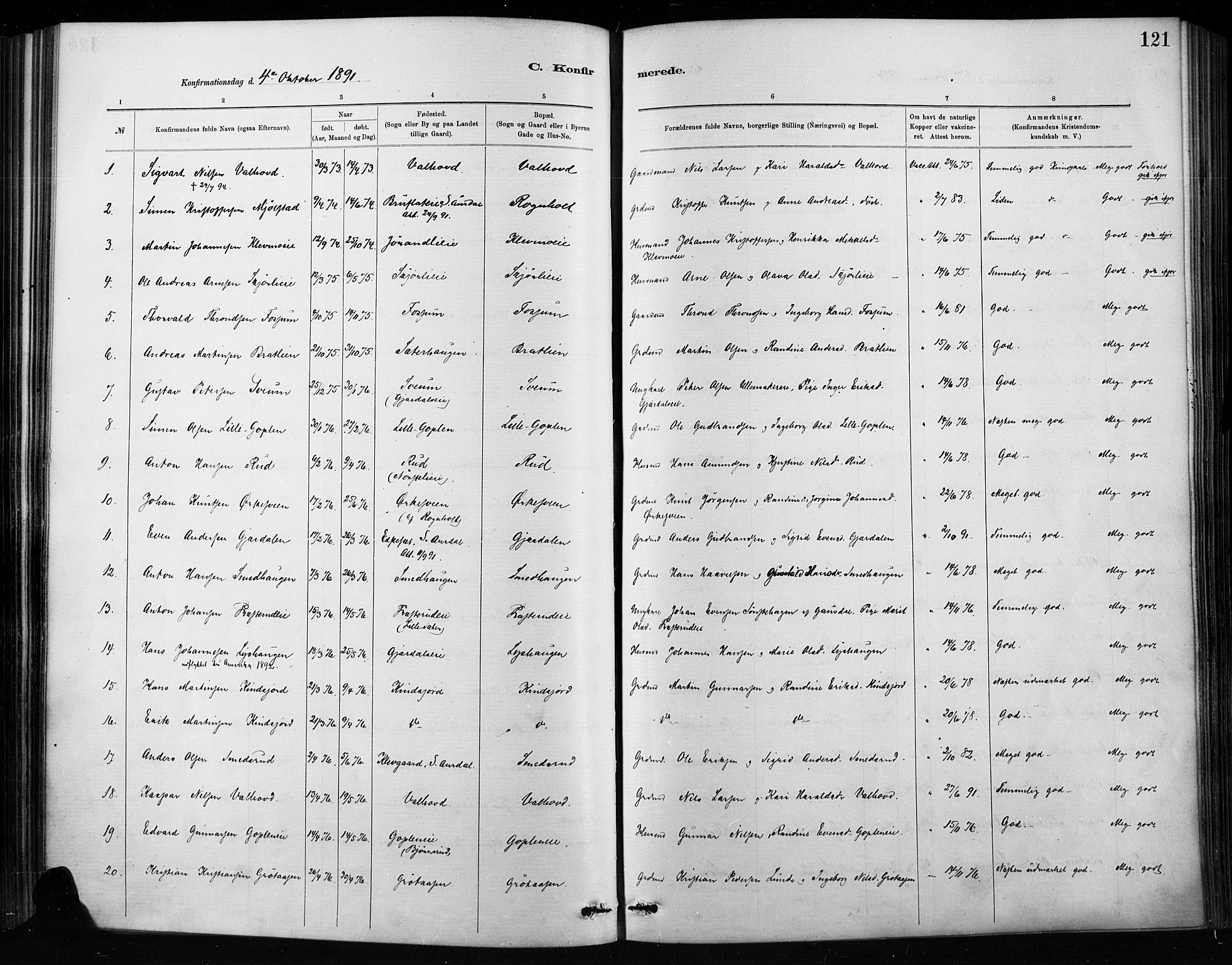 Nordre Land prestekontor, SAH/PREST-124/H/Ha/Haa/L0004: Parish register (official) no. 4, 1882-1896, p. 121