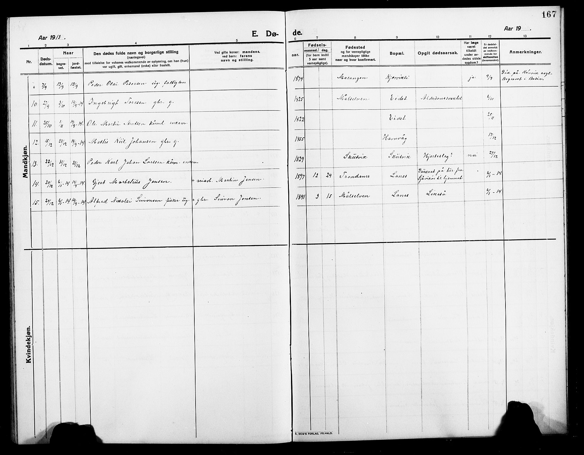 Balsfjord sokneprestembete, AV/SATØ-S-1303/G/Gab/L0004klokker: Parish register (copy) no. 4, 1910-1926, p. 167