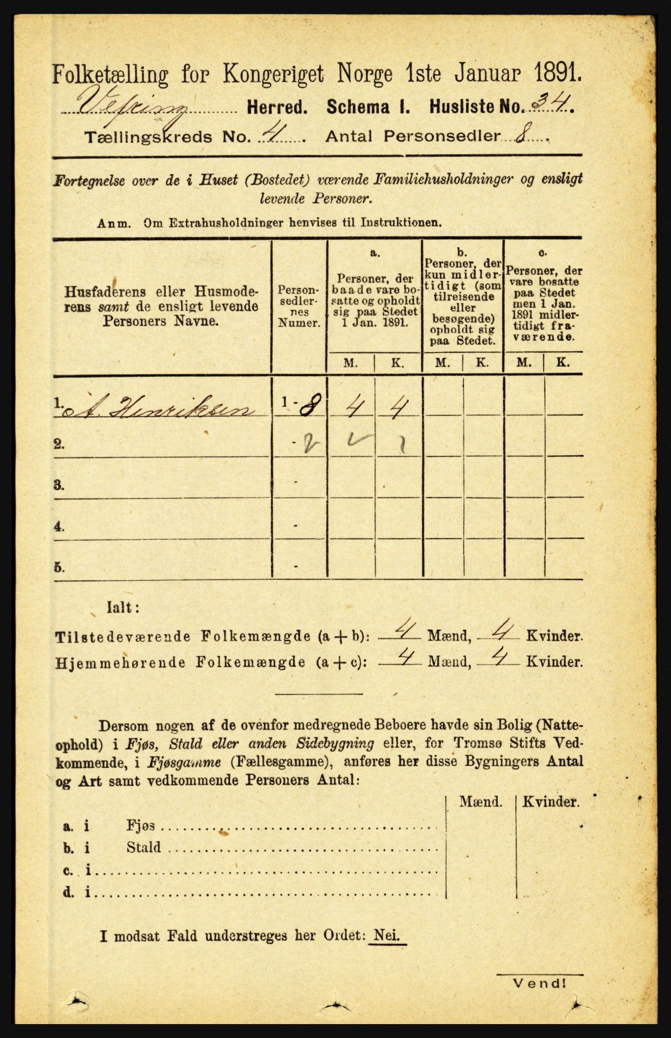 RA, 1891 census for 1434 Vevring, 1891, p. 1182