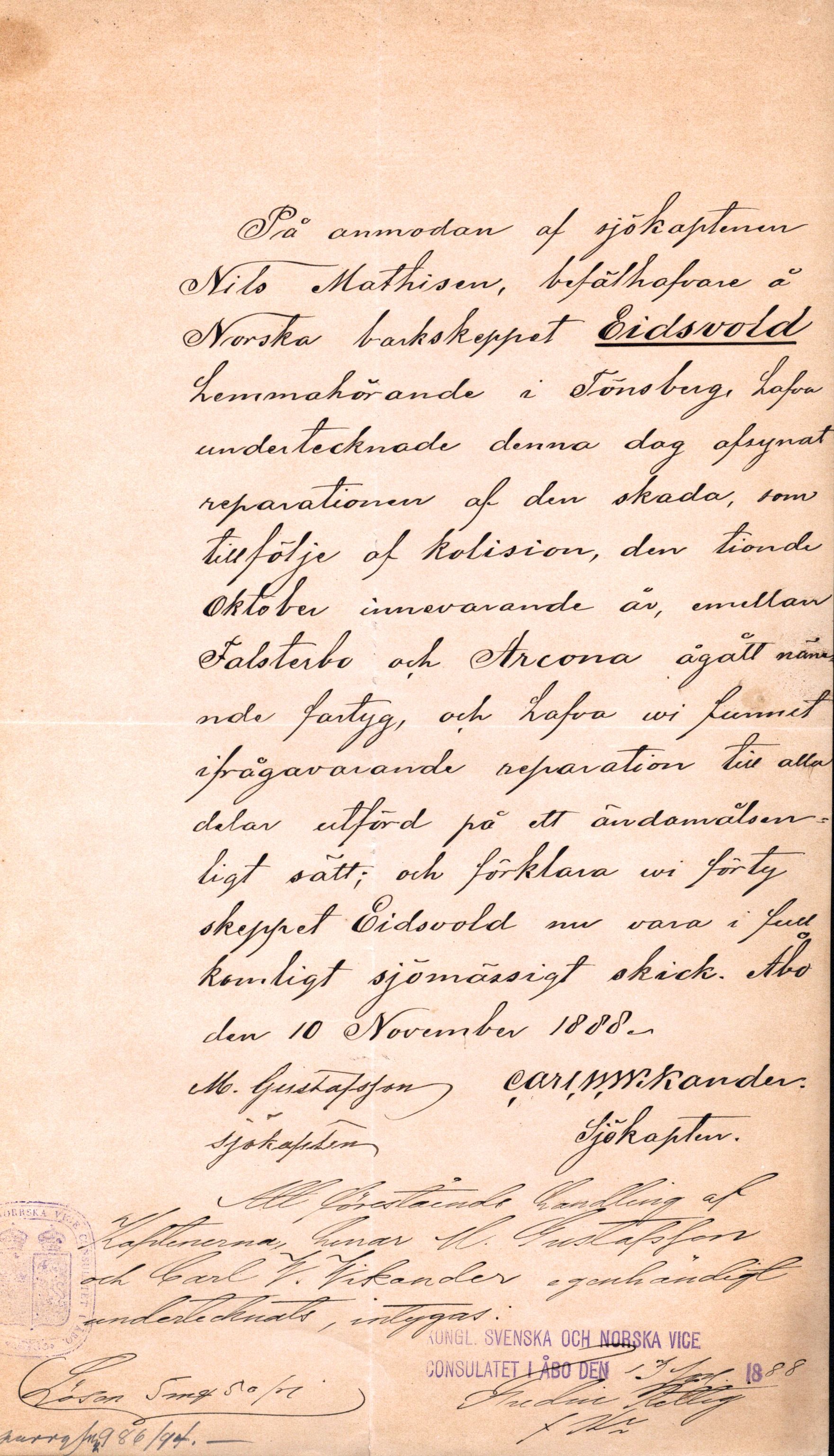 Pa 63 - Østlandske skibsassuranceforening, VEMU/A-1079/G/Ga/L0023/0004: Havaridokumenter / Petrus, Eimund, Eidsvold, Electra, Eliezer, Elise, 1888, p. 17