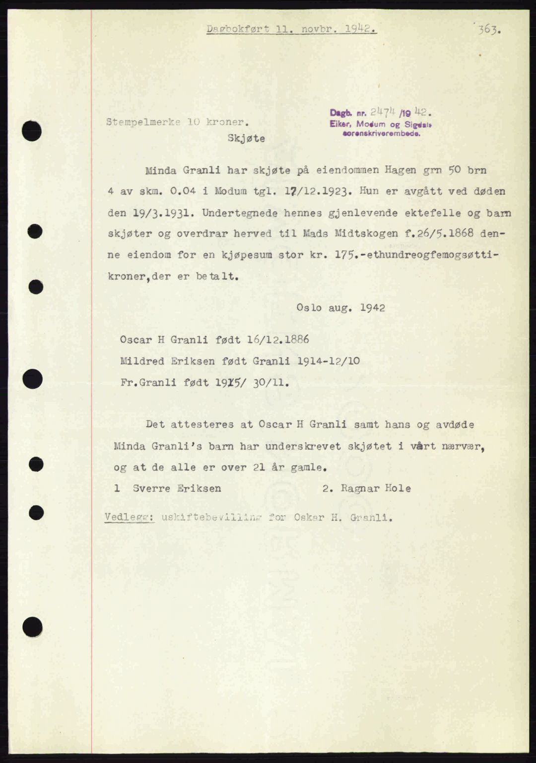 Eiker, Modum og Sigdal sorenskriveri, SAKO/A-123/G/Ga/Gab/L0047: Mortgage book no. A17, 1942-1943, Diary no: : 2474/1942