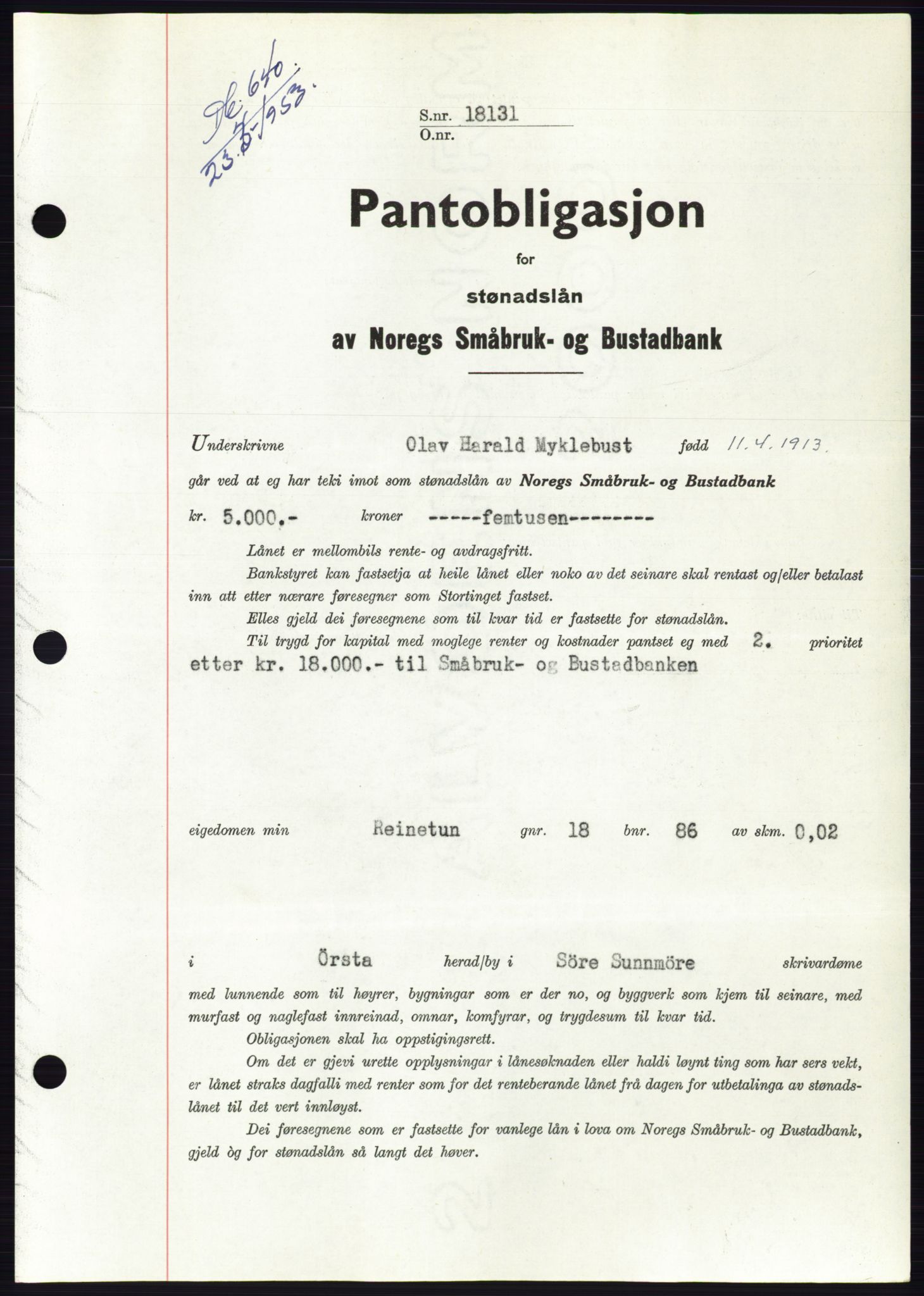 Søre Sunnmøre sorenskriveri, AV/SAT-A-4122/1/2/2C/L0123: Mortgage book no. 11B, 1953-1953, Diary no: : 640/1953