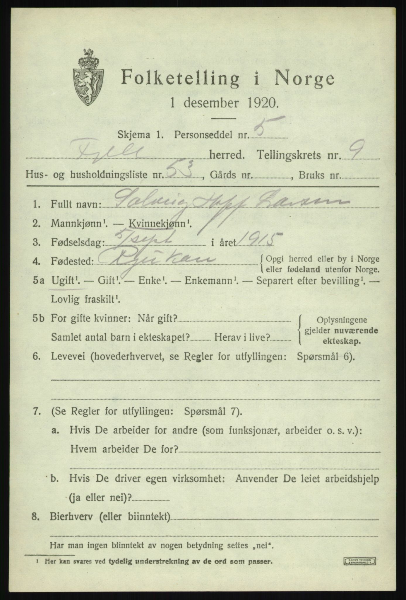 SAB, 1920 census for Fjell, 1920, p. 8750