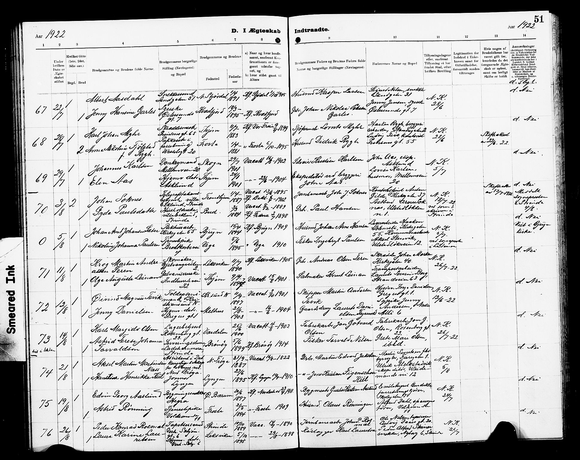 Ministerialprotokoller, klokkerbøker og fødselsregistre - Sør-Trøndelag, SAT/A-1456/605/L0257: Parish register (copy) no. 605C04, 1916-1922, p. 51