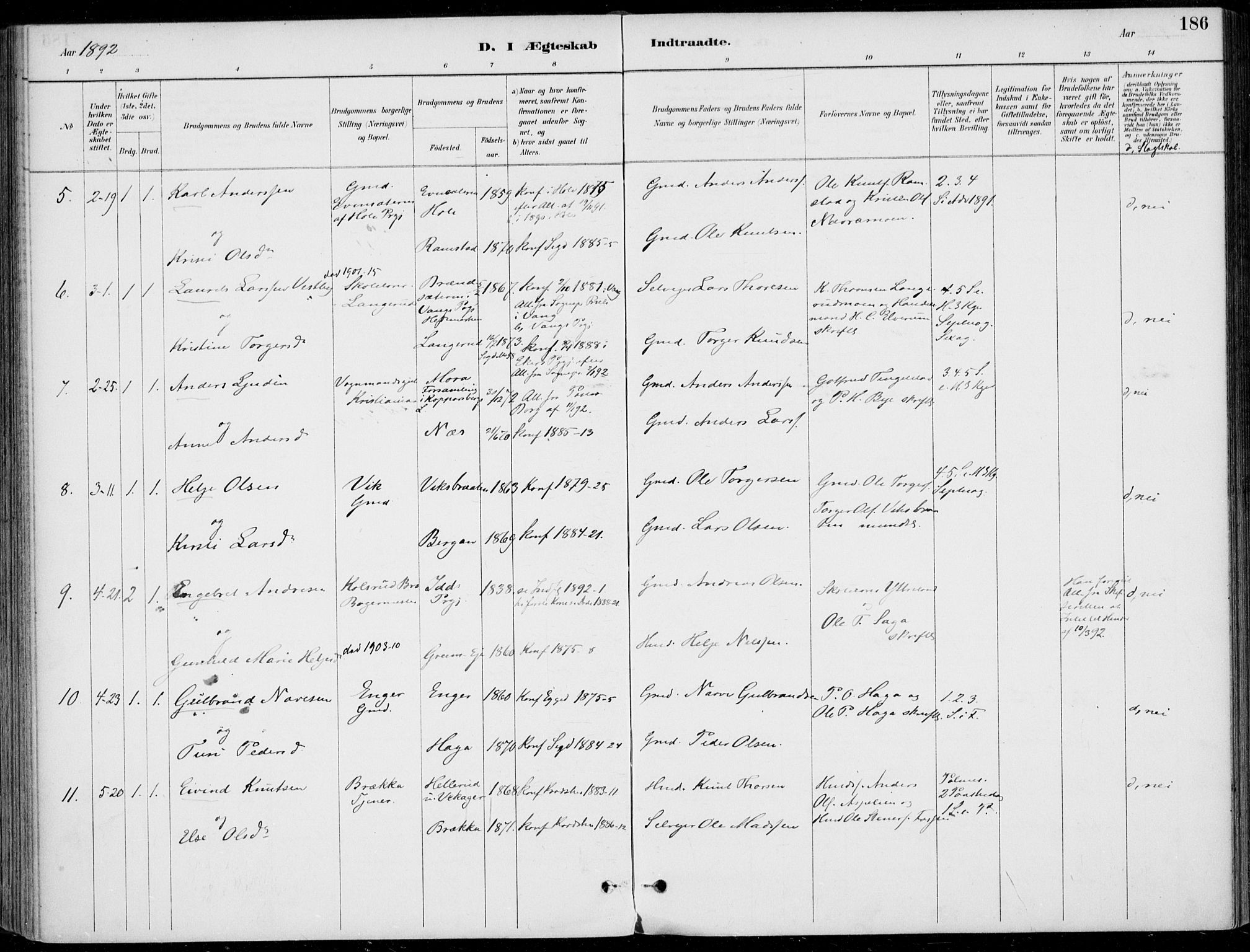 Sigdal kirkebøker, AV/SAKO-A-245/F/Fb/L0001: Parish register (official) no. II 1, 1888-1900, p. 186