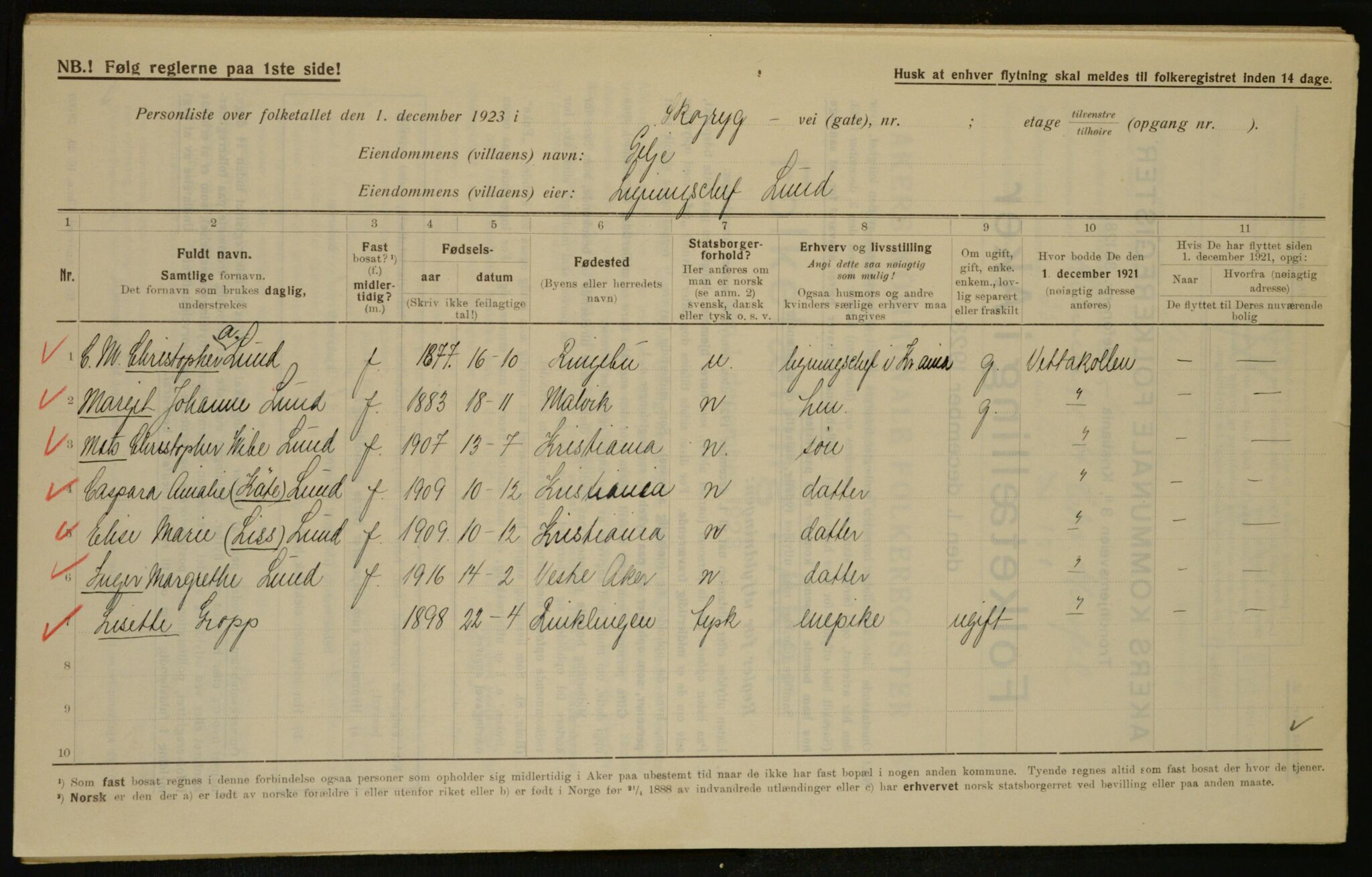 , Municipal Census 1923 for Aker, 1923, p. 16784