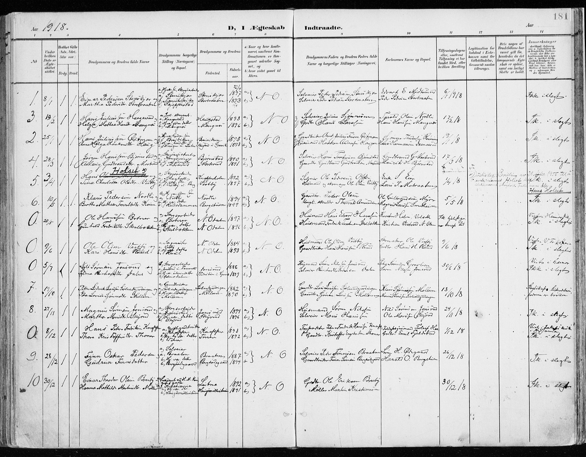 Nord-Odal prestekontor, SAH/PREST-032/H/Ha/Haa/L0009: Parish register (official) no. 9, 1902-1926, p. 181