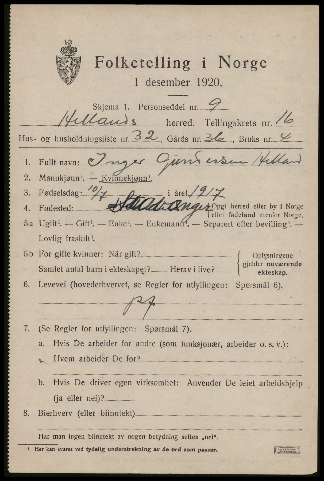 SAST, 1920 census for Hetland, 1920, p. 23493