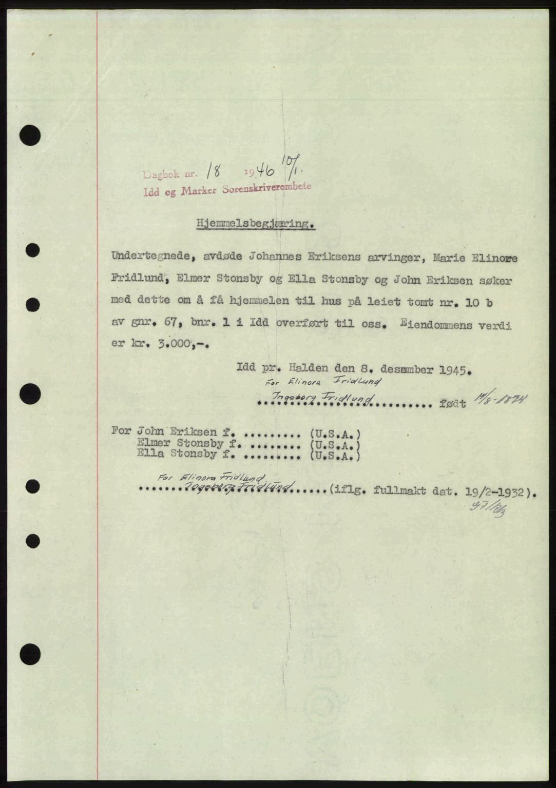 Idd og Marker sorenskriveri, AV/SAO-A-10283/G/Gb/Gbb/L0008: Mortgage book no. A8, 1946-1946, Diary no: : 18/1946