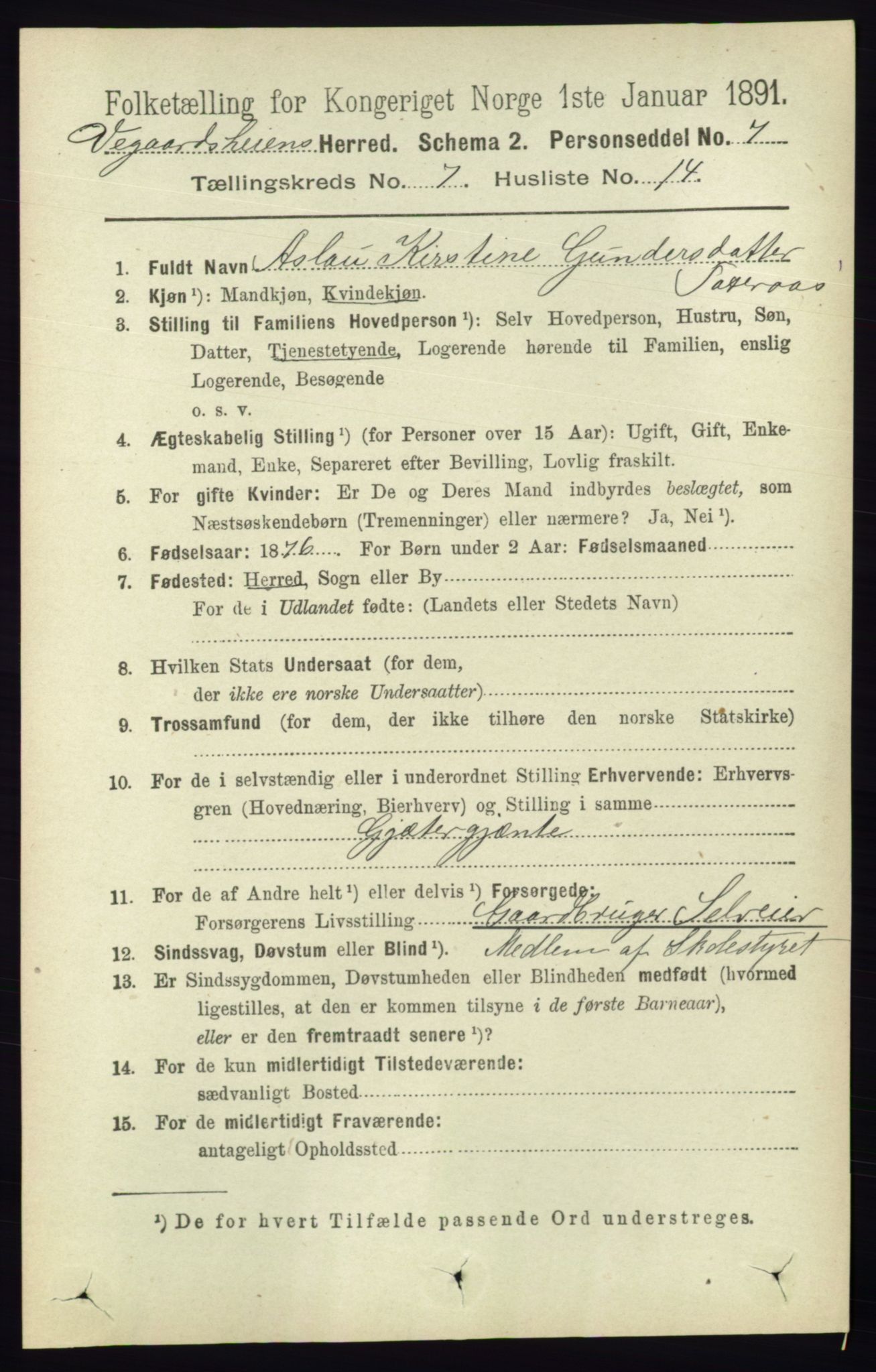 RA, 1891 census for 0912 Vegårshei, 1891, p. 1429