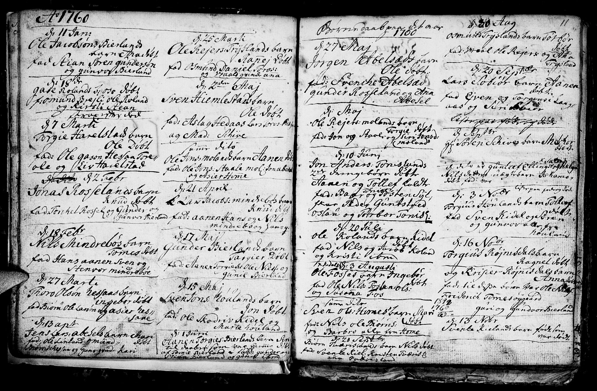 Bjelland sokneprestkontor, SAK/1111-0005/F/Fb/Fba/L0002: Parish register (copy) no. B 2, 1753-1792, p. 11