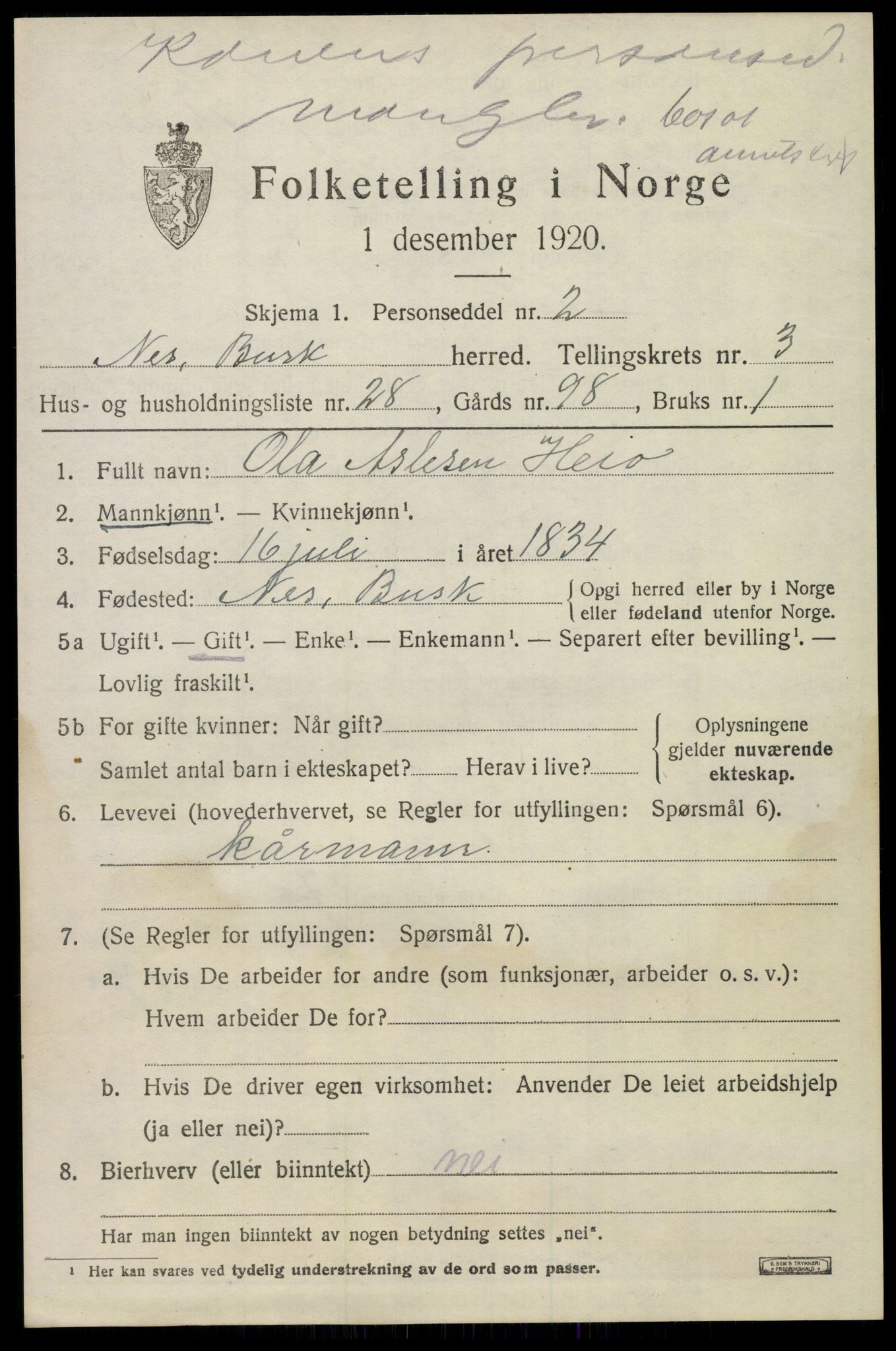 SAKO, 1920 census for Nes (Buskerud), 1920, p. 1890